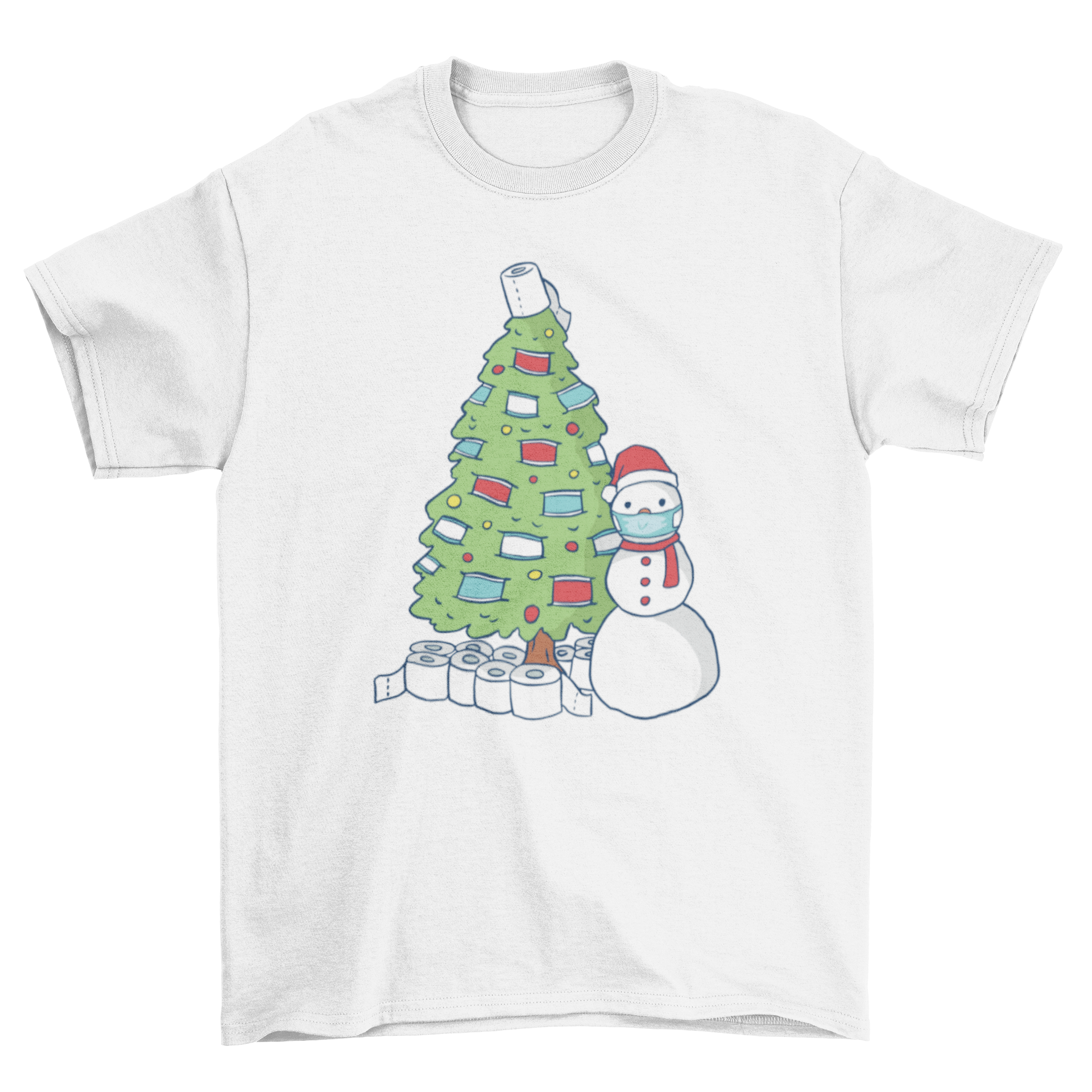 Quarantine Christmas Tree T-shirt featuring a colorful illustration of a Christmas tree and a snowman with face masks and toilet paper decorations.