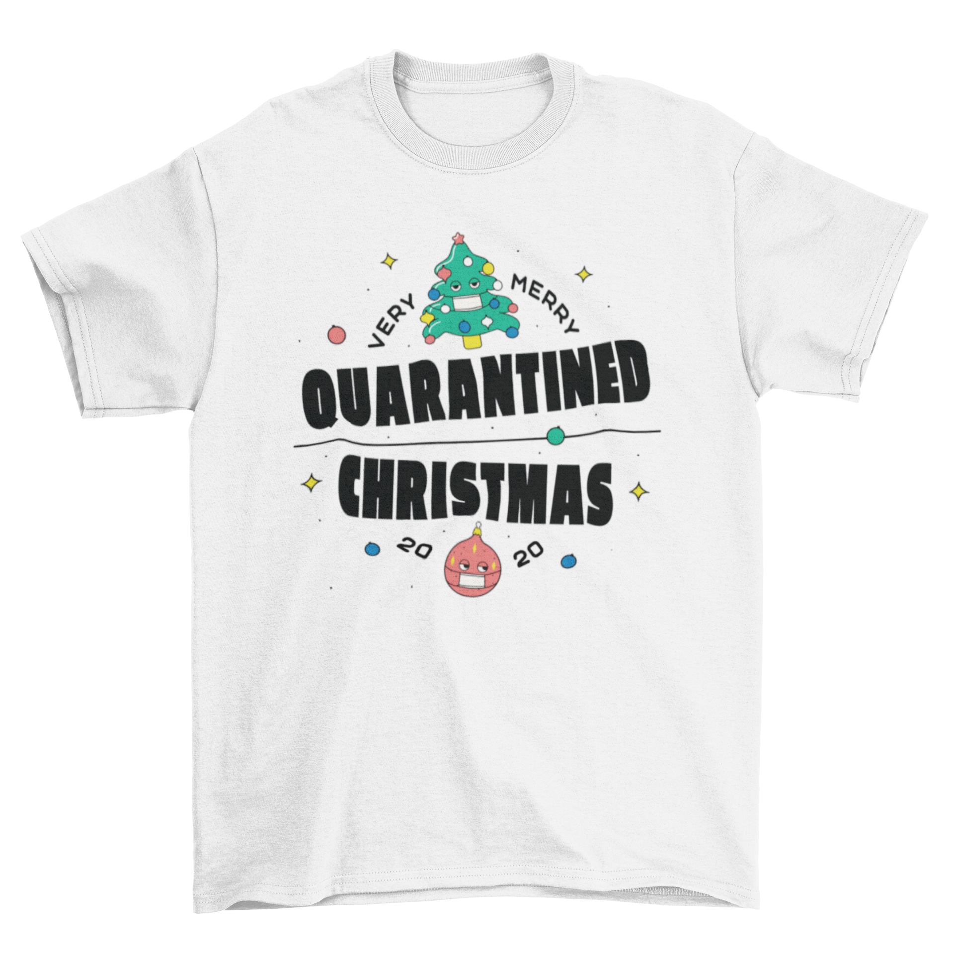 Quarantined Christmas t-shirt featuring the quote 'Very merry quarantined Christmas 2020' in festive typography.