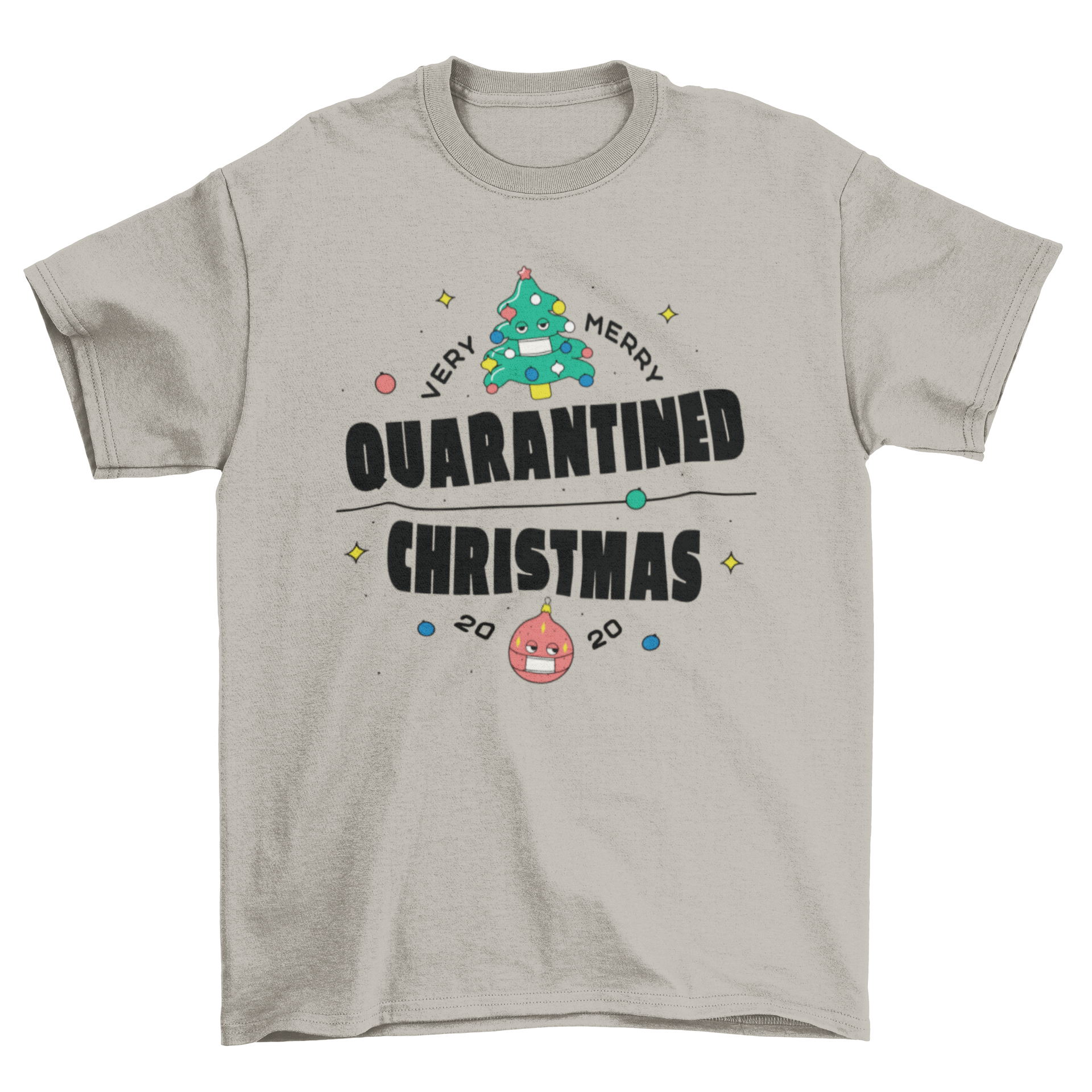 Quarantined Christmas t-shirt featuring the quote 'Very merry quarantined Christmas 2020' in festive typography.