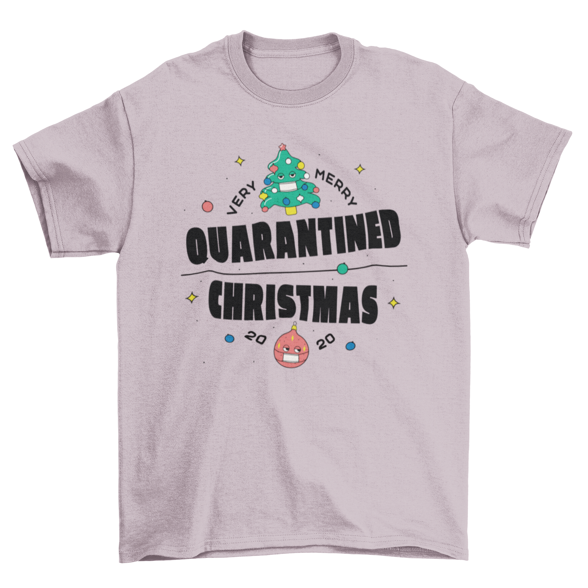 Quarantined Christmas t-shirt featuring the quote 'Very merry quarantined Christmas 2020' in festive typography.