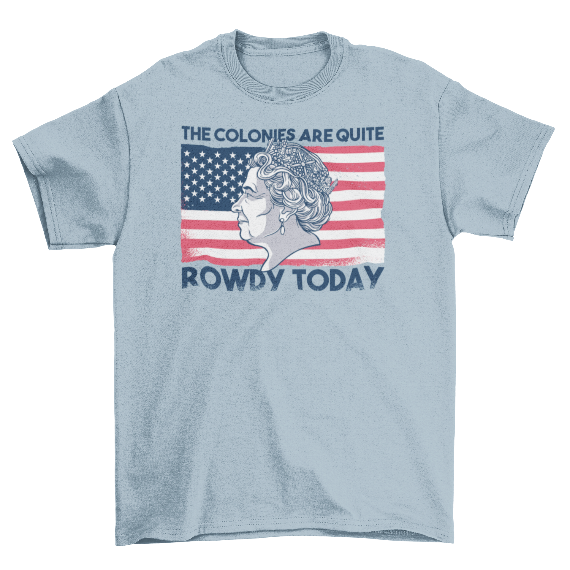 A stylish t-shirt featuring the Queen of England overlaid on the American flag, showcasing a unique cultural blend.