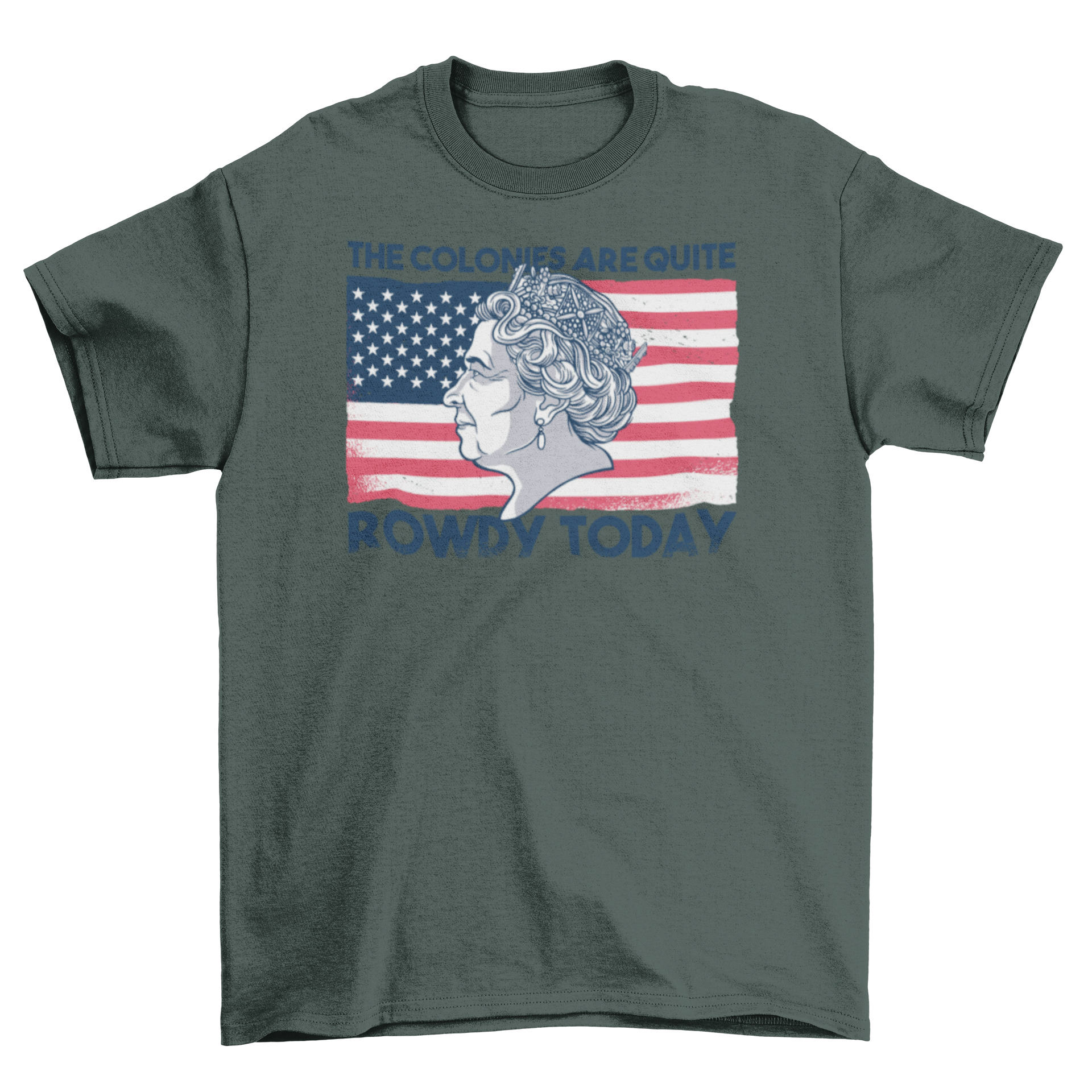 A stylish t-shirt featuring the Queen of England overlaid on the American flag, showcasing a unique cultural blend.