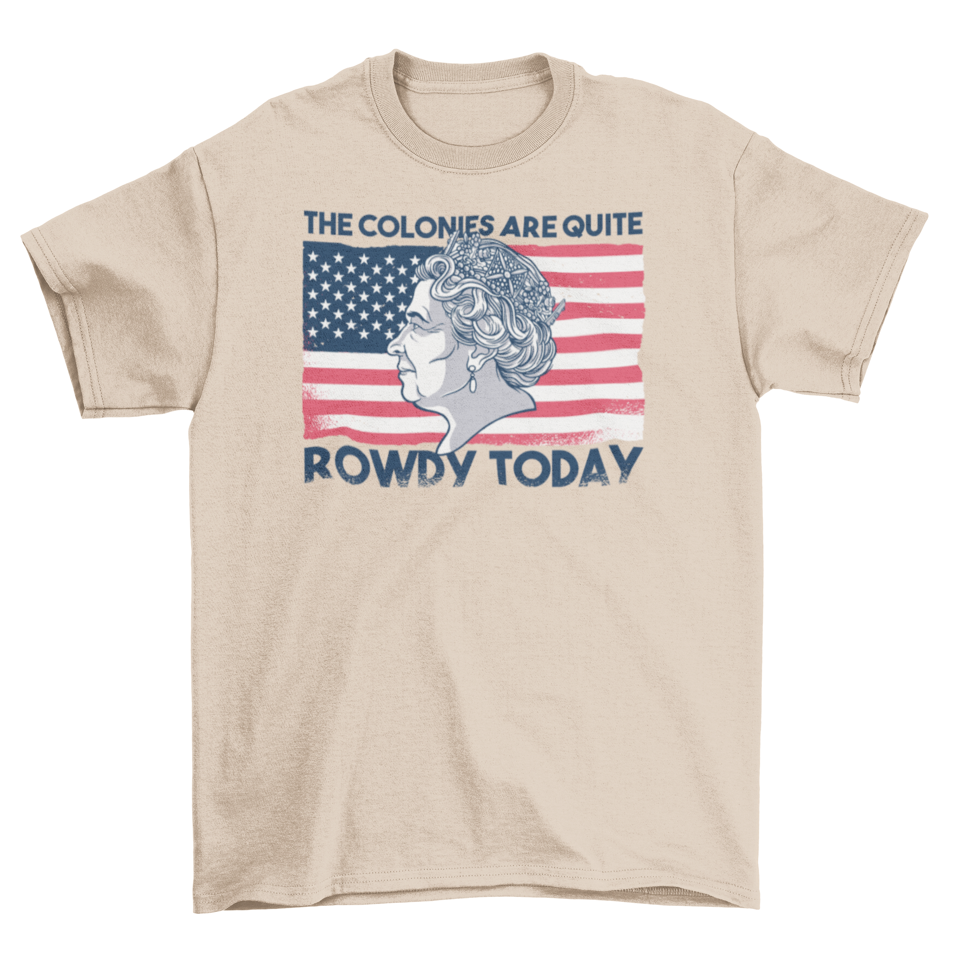 A stylish t-shirt featuring the Queen of England overlaid on the American flag, showcasing a unique cultural blend.