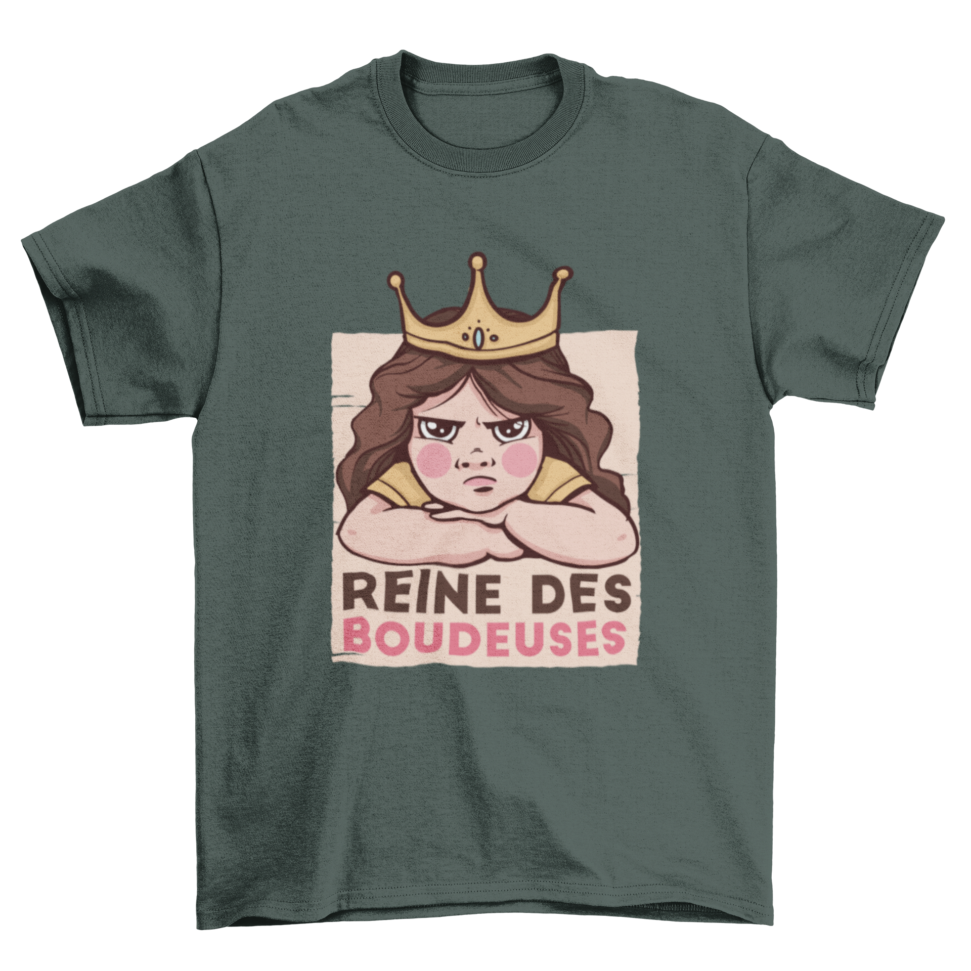 Queen of the Sulkers t-shirt design featuring an angry girl and the quote 'Reine des boudeuses'.