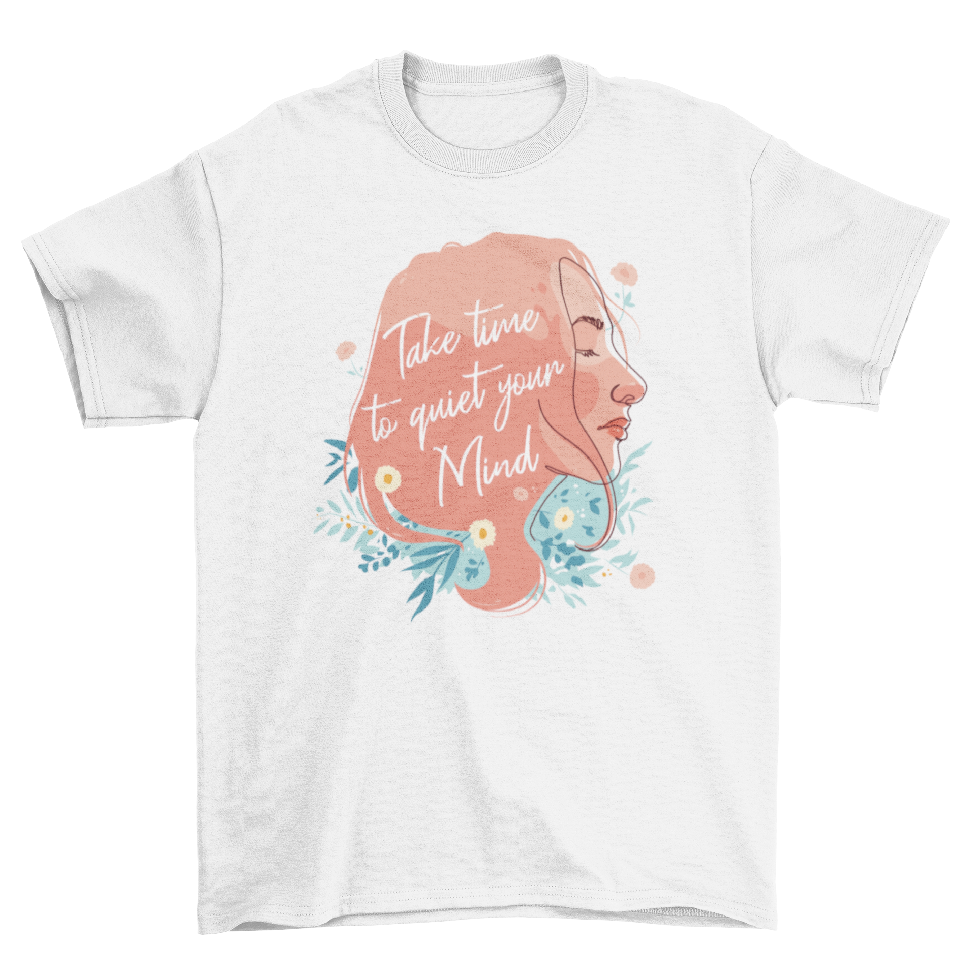 Quiet Mind Girl T-Shirt featuring a continuous line drawing of a girl with an inspiring quote.