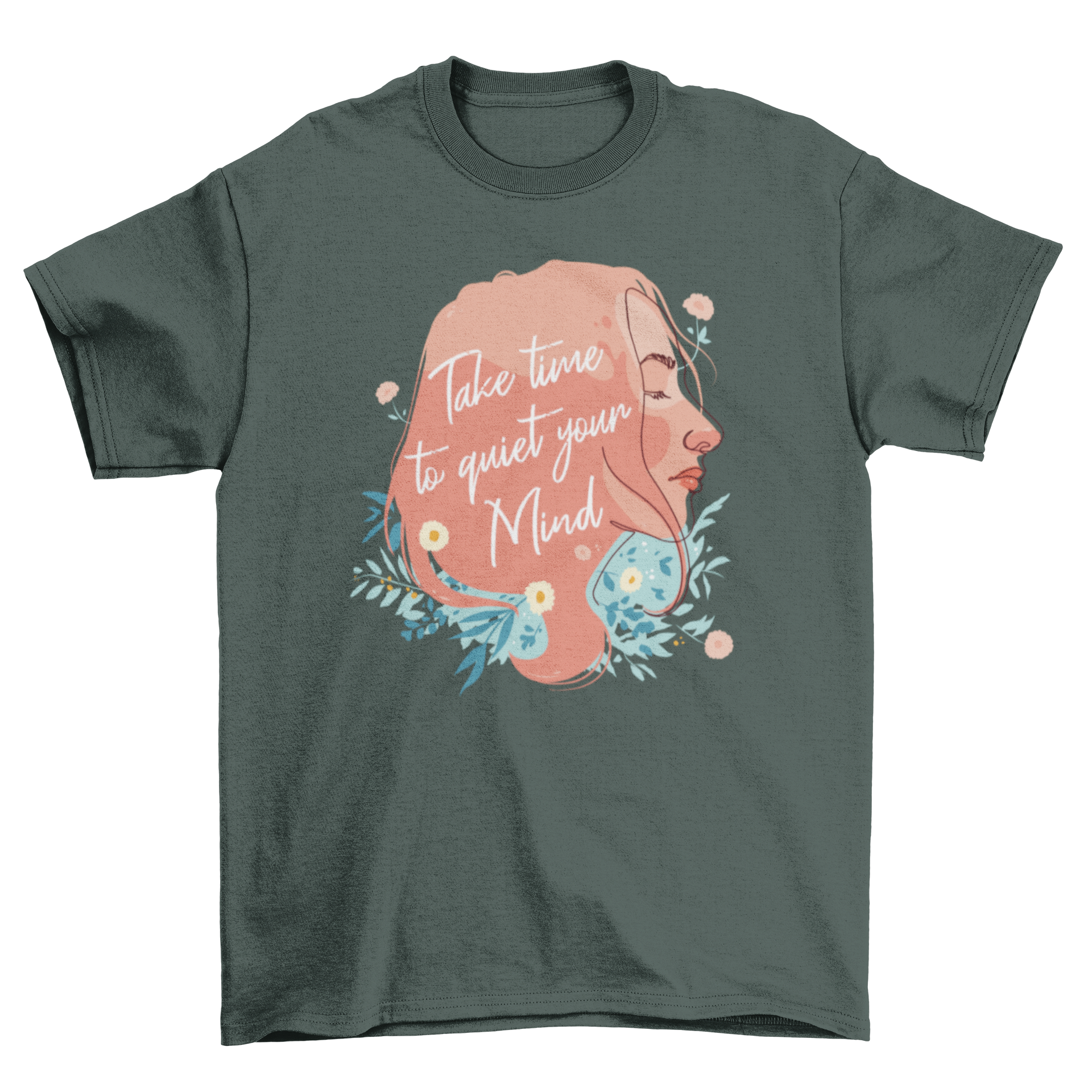 Quiet Mind Girl T-Shirt featuring a continuous line drawing of a girl with an inspiring quote.