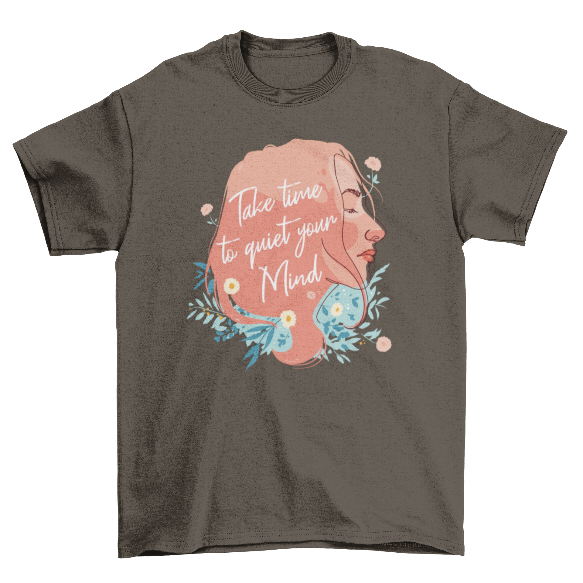 Quiet Mind Girl T-Shirt featuring a continuous line drawing of a girl with an inspiring quote.