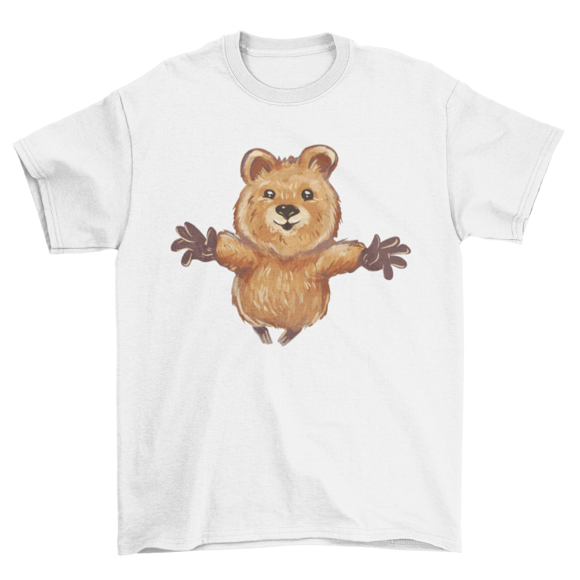 Cute t-shirt design featuring a quokka with open arms, ready to hug.