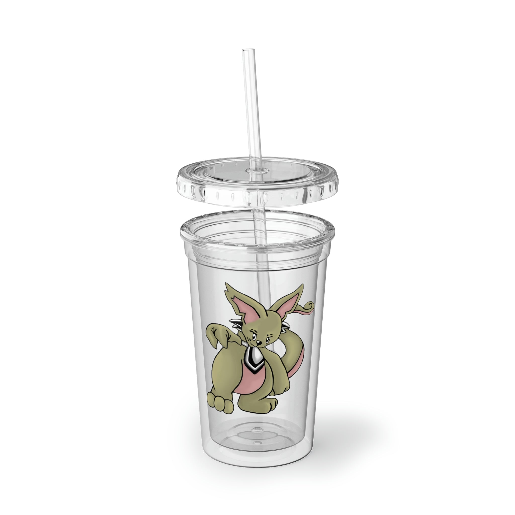 Rabbababa Suave Acrylic Cup with vibrant artwork, double-wall insulation, and a BPA-free lid and straw, perfect for hot and cold beverages.