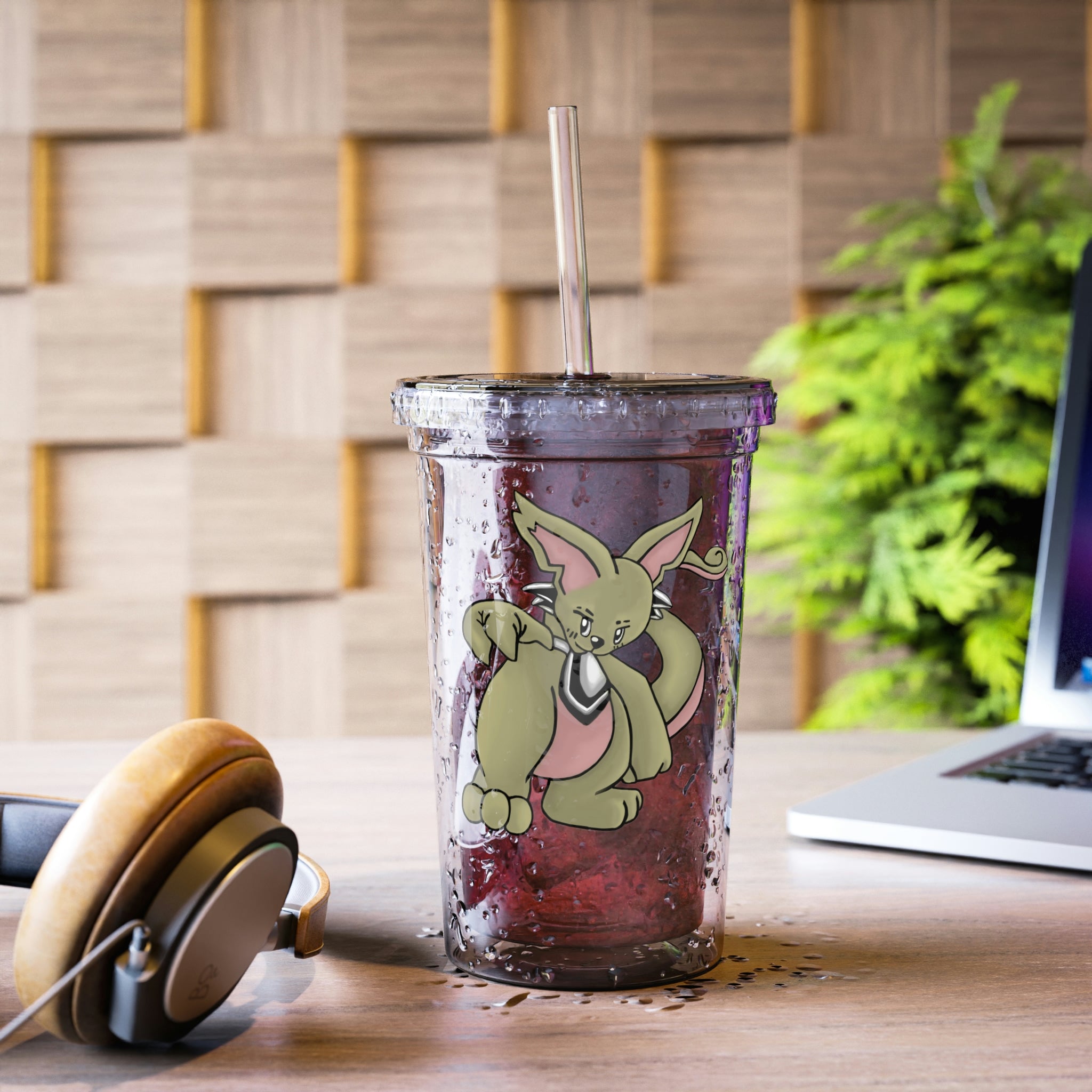 Rabbababa Suave Acrylic Cup with vibrant artwork, double-wall insulation, and a BPA-free lid and straw, perfect for hot and cold beverages.