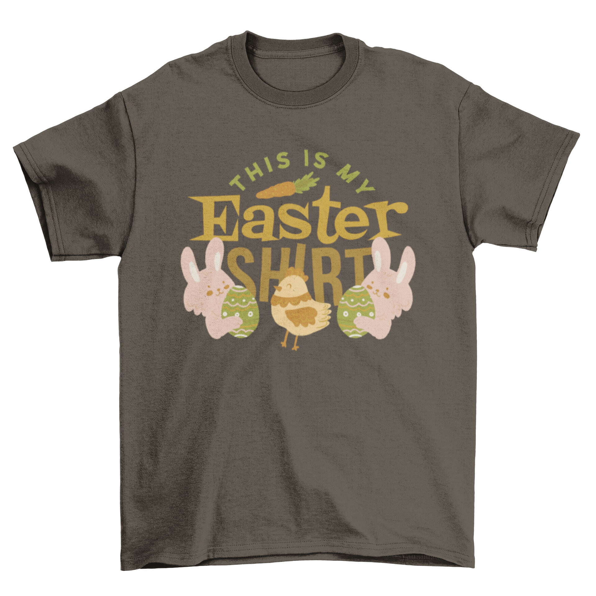A colorful t-shirt featuring two rabbits and a chicken with the quote 'This is my Easter shirt', perfect for Easter celebrations.