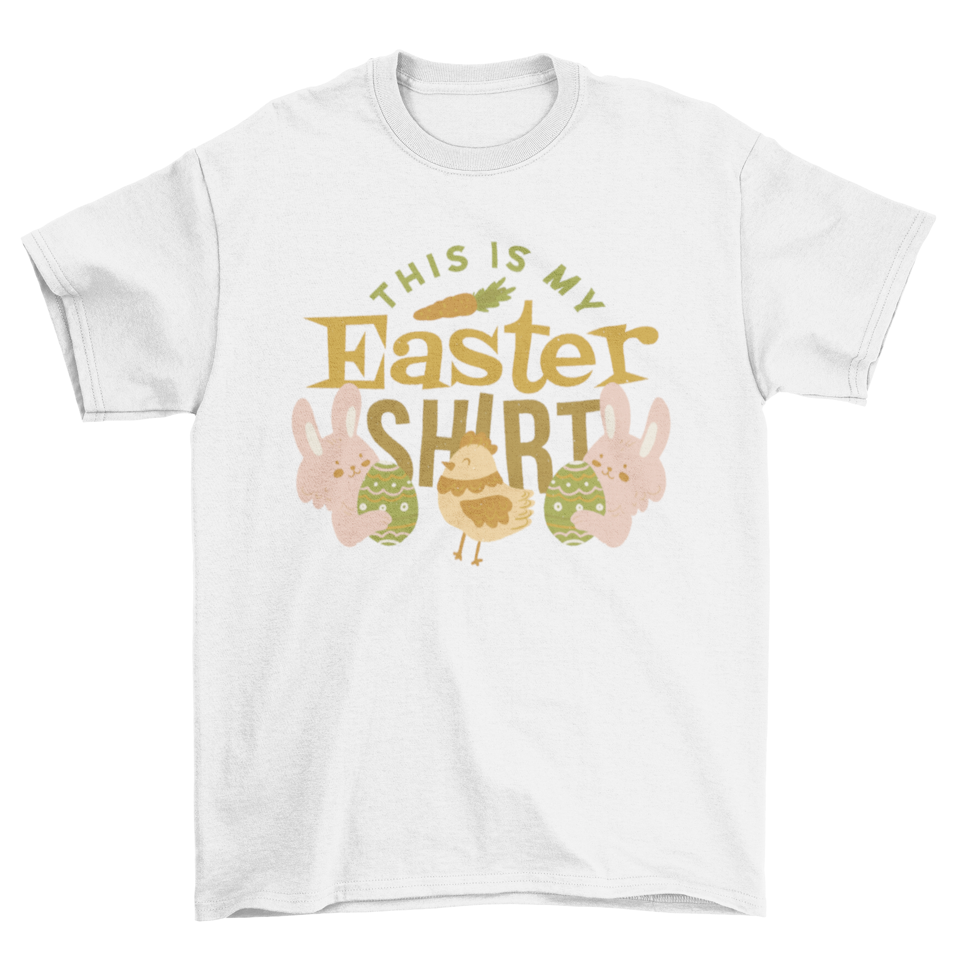 A colorful t-shirt featuring two rabbits and a chicken with the quote 'This is my Easter shirt', perfect for Easter celebrations.