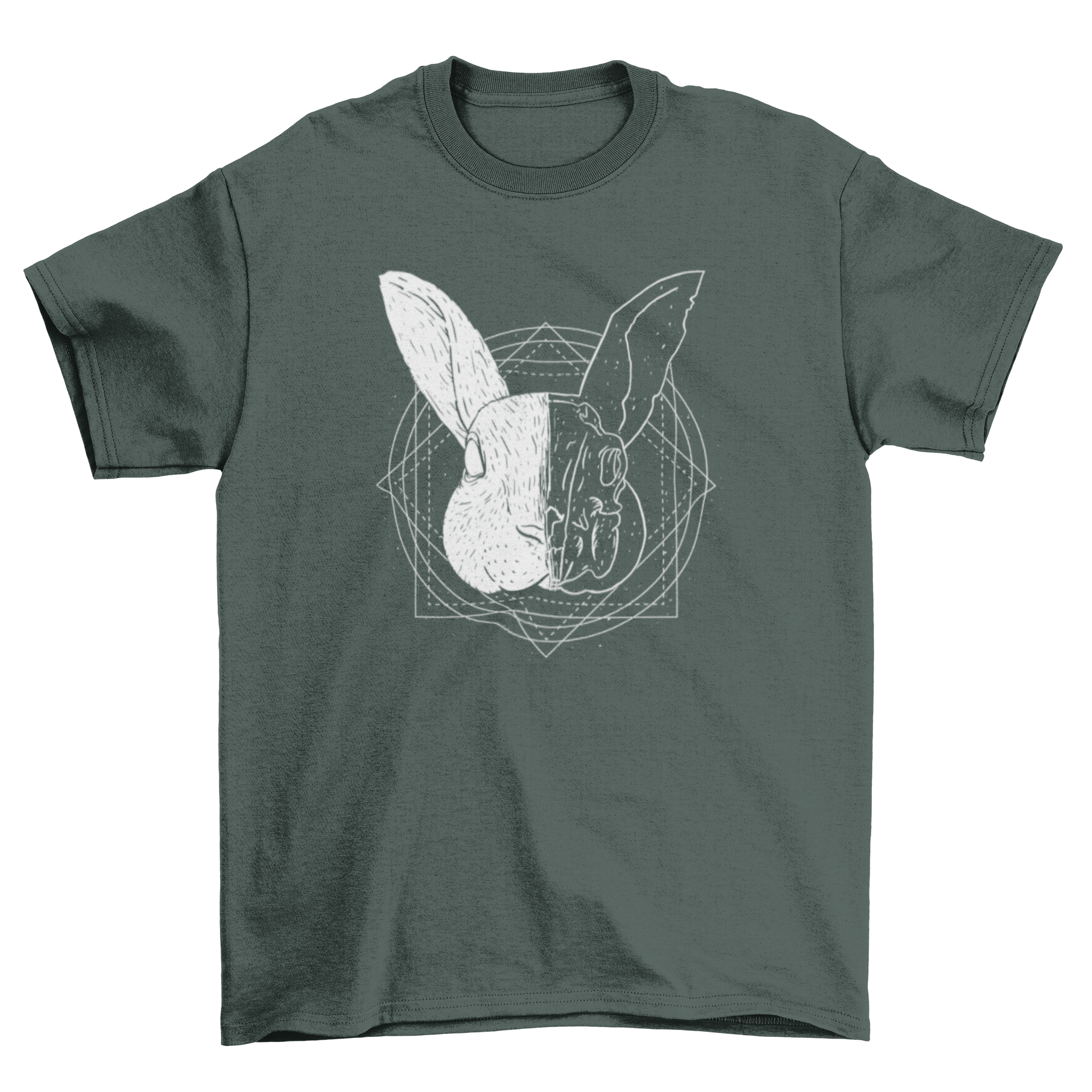 A stylish t-shirt featuring a rabbit with a divided head design, showcasing two different artistic styles.