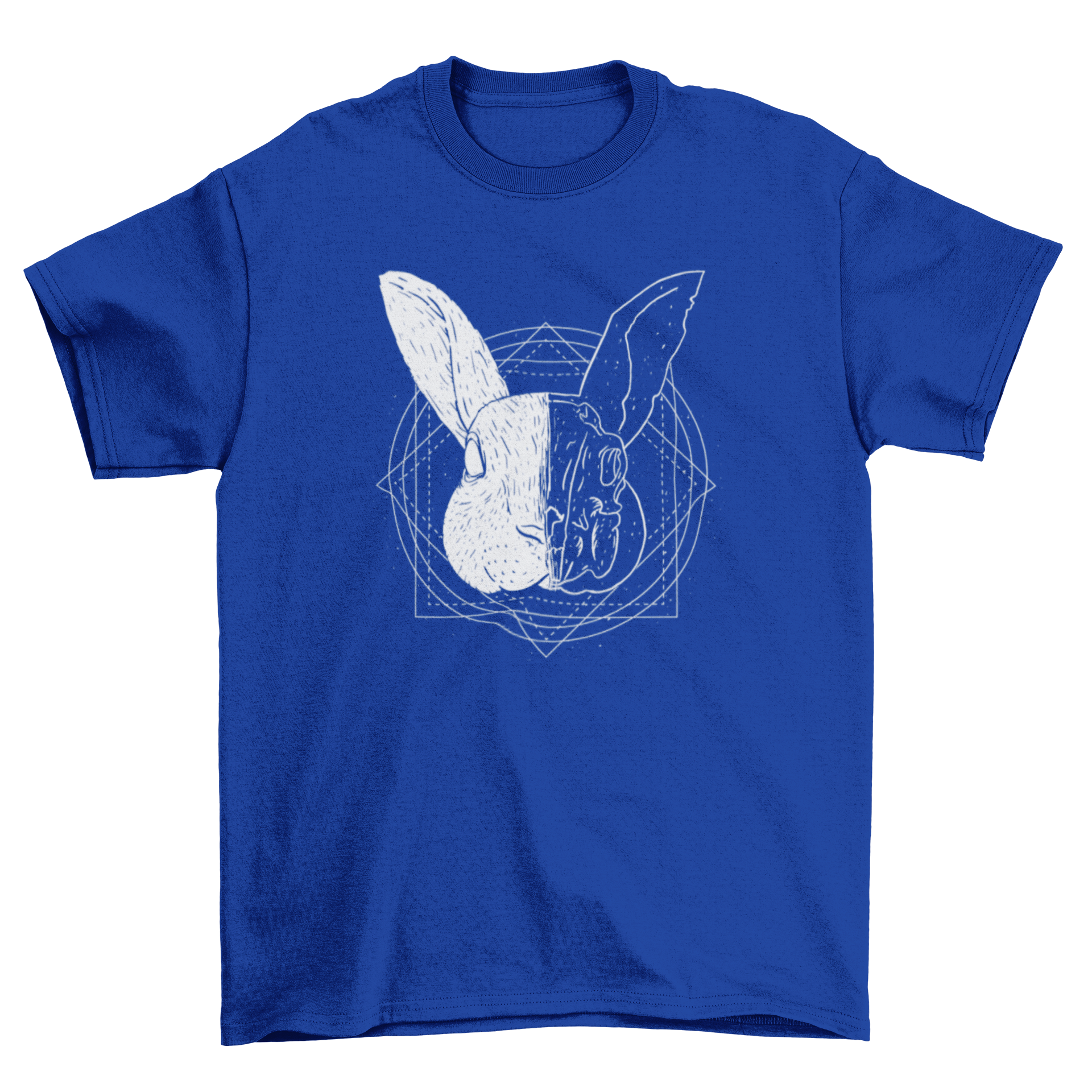 A stylish t-shirt featuring a rabbit with a divided head design, showcasing two different artistic styles.