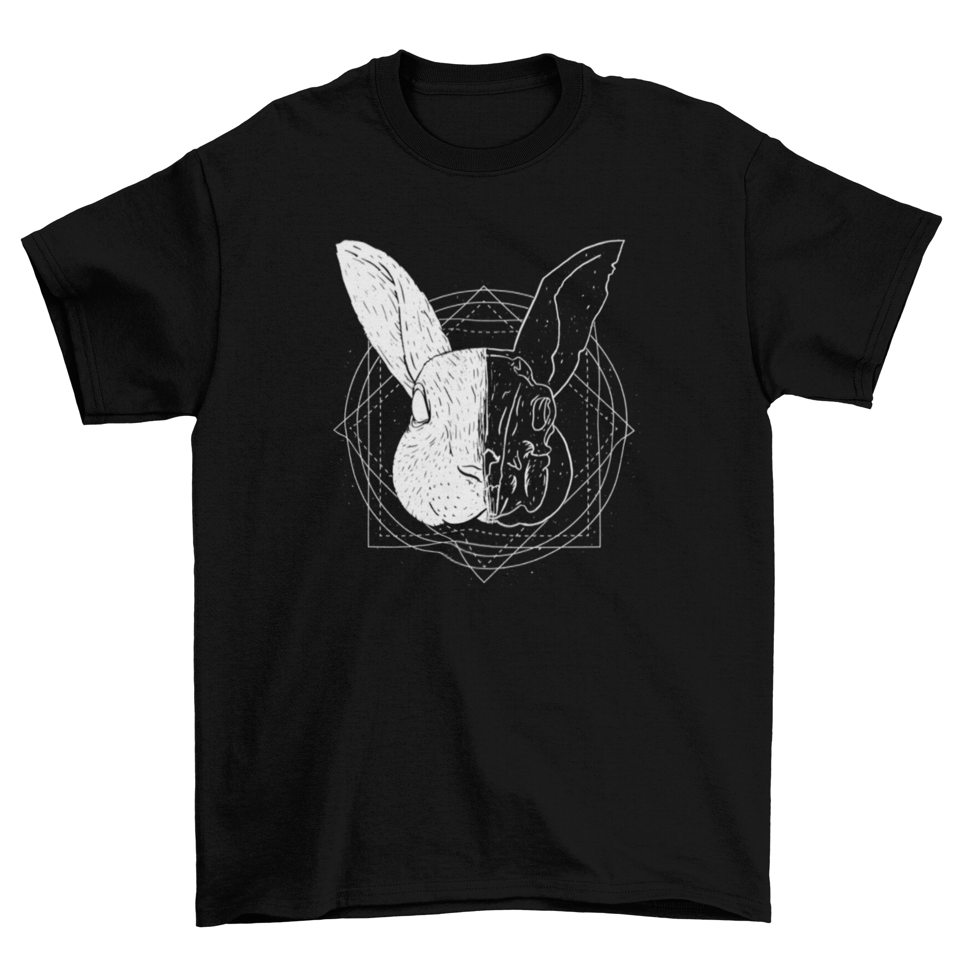 A stylish t-shirt featuring a rabbit with a divided head design, showcasing two different artistic styles.