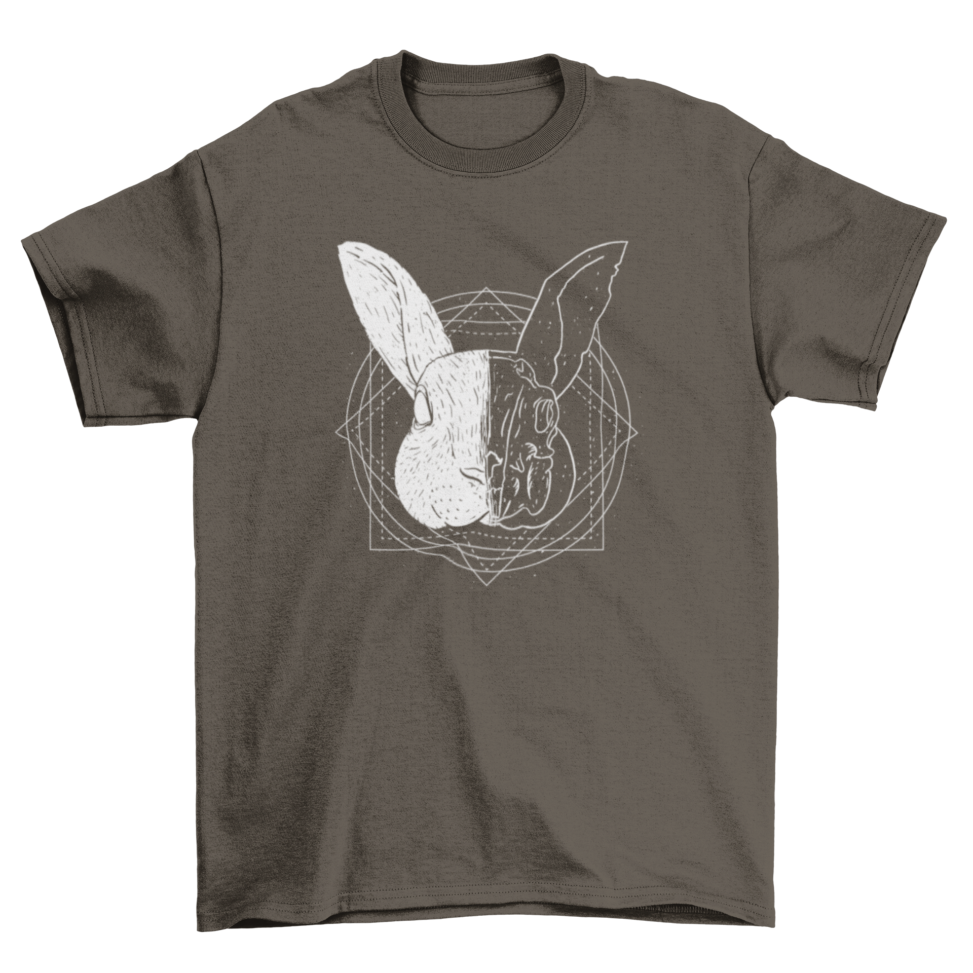 A stylish t-shirt featuring a rabbit with a divided head design, showcasing two different artistic styles.