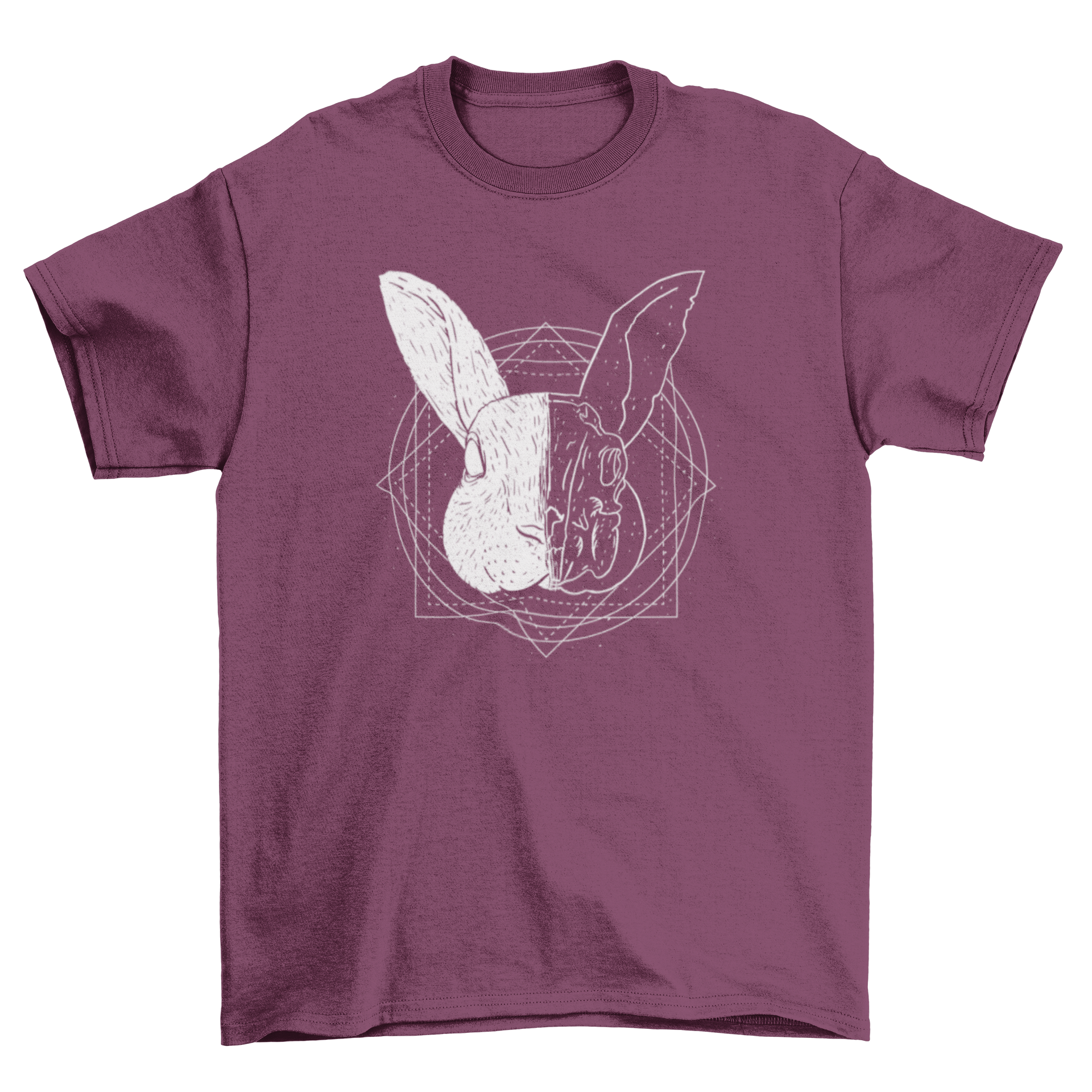 A stylish t-shirt featuring a rabbit with a divided head design, showcasing two different artistic styles.