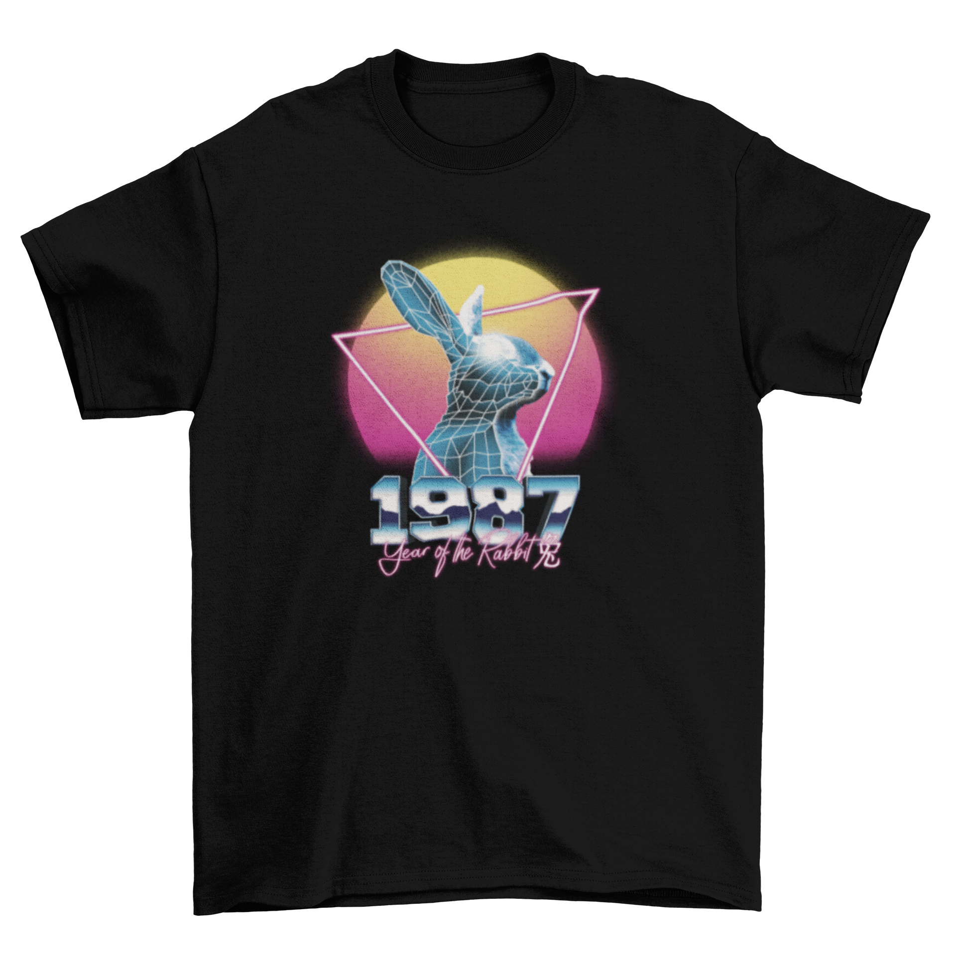 A stylish t-shirt featuring a retro wave design with a rabbit and the quote '1987 Year of the Rabbit'.