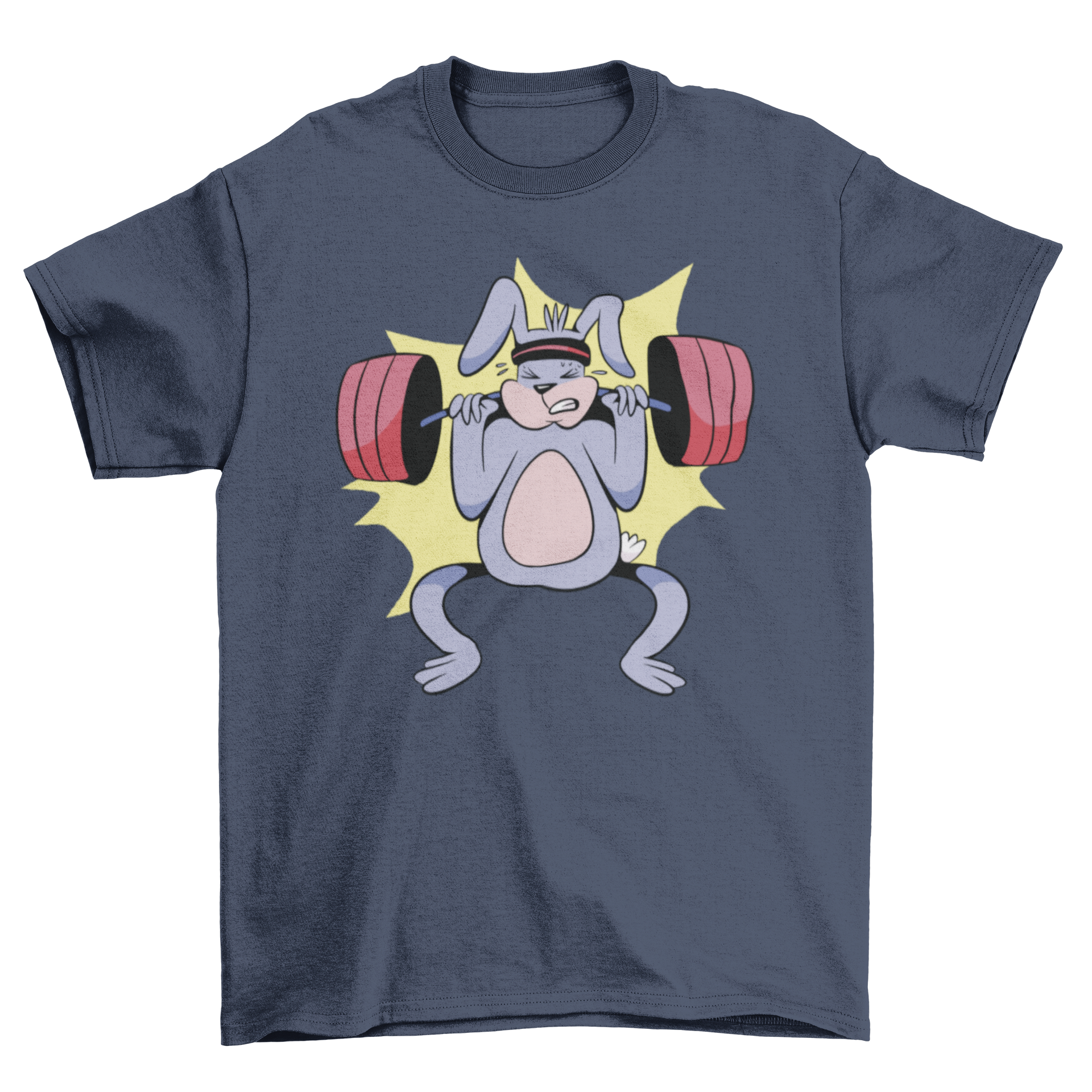A playful t-shirt featuring a rabbit lifting barbell weights, perfect for fitness enthusiasts.