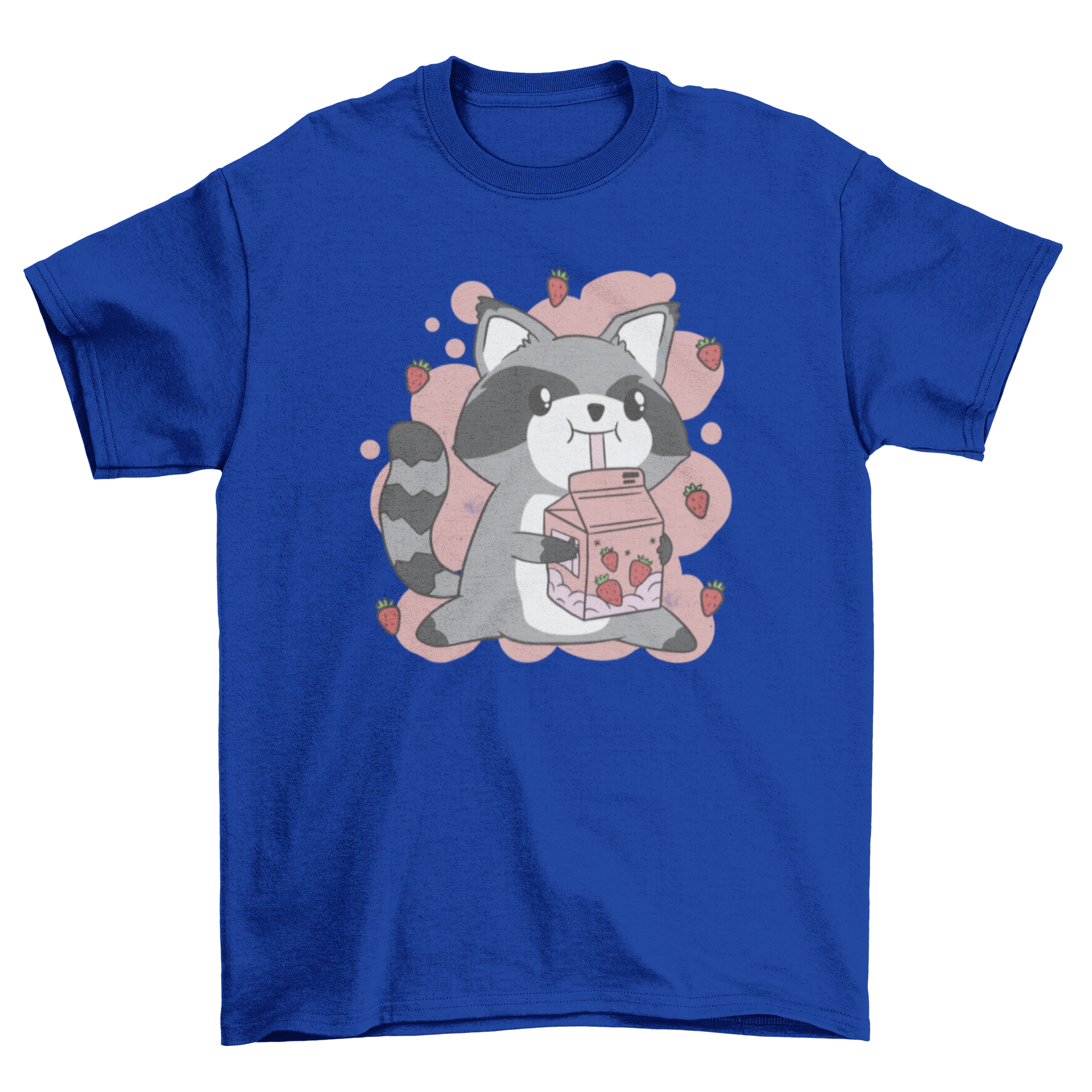 A playful t-shirt featuring a raccoon drinking strawberry milk, showcasing vibrant colors and a fun design.