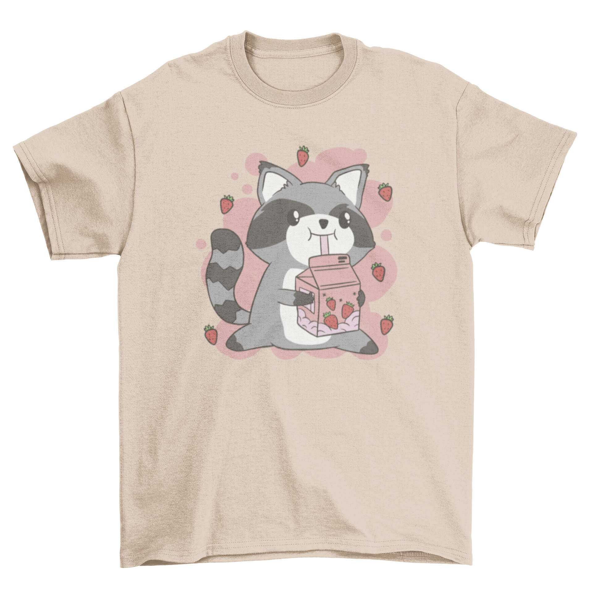 A playful t-shirt featuring a raccoon drinking strawberry milk, showcasing vibrant colors and a fun design.