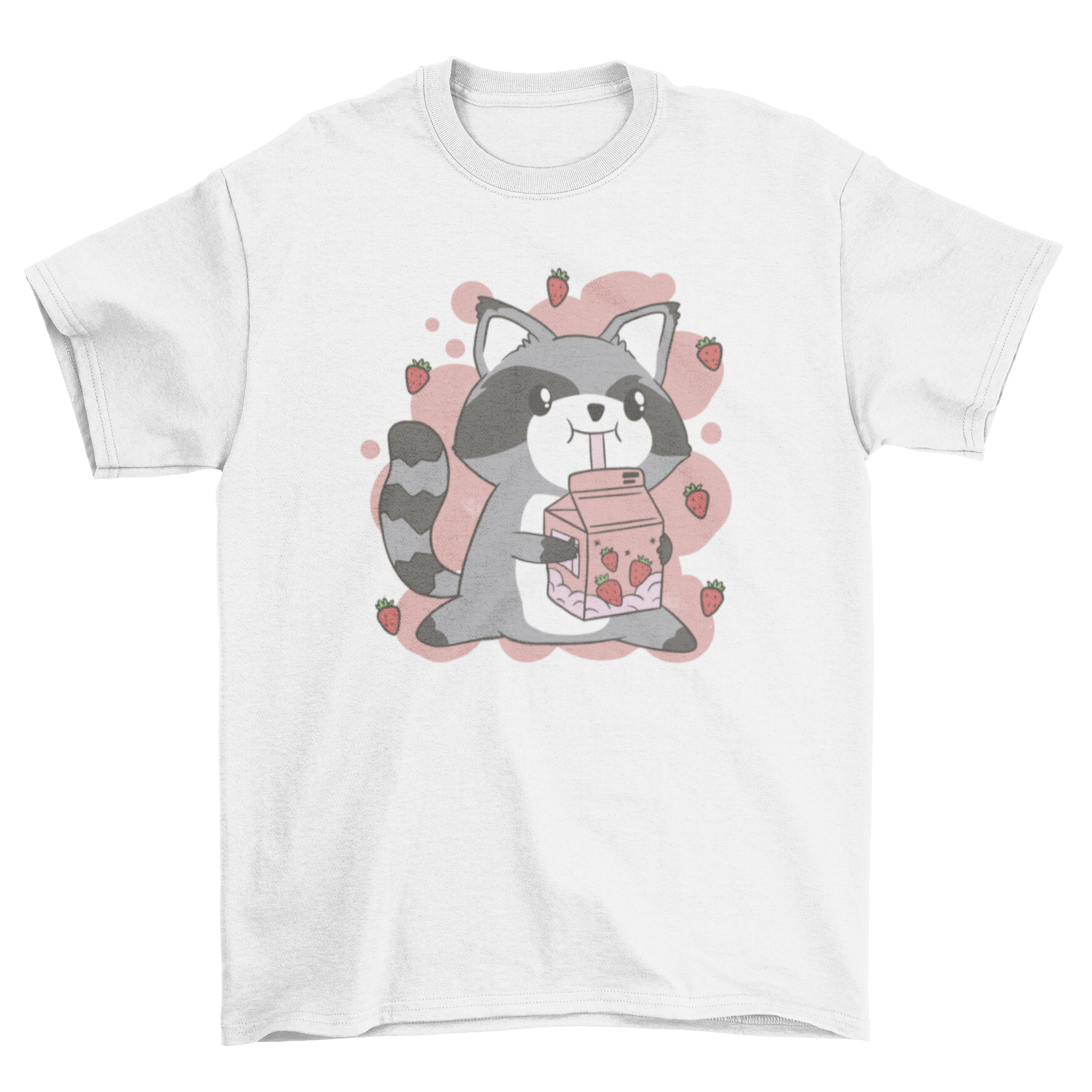 A playful t-shirt featuring a raccoon drinking strawberry milk, showcasing vibrant colors and a fun design.