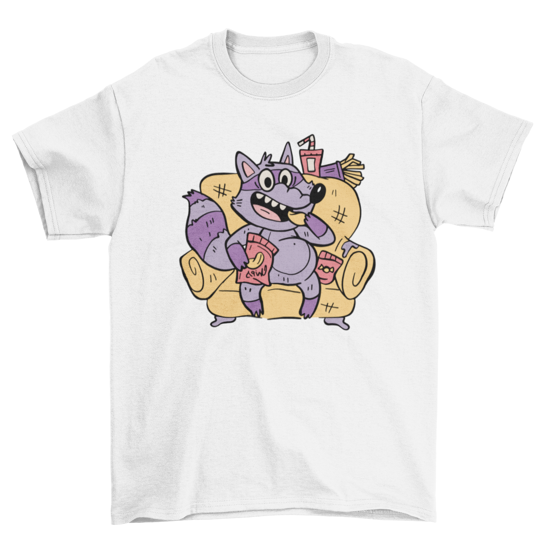 A playful t-shirt featuring a raccoon character sitting on a couch, happily eating chips, showcasing a fun and quirky design.