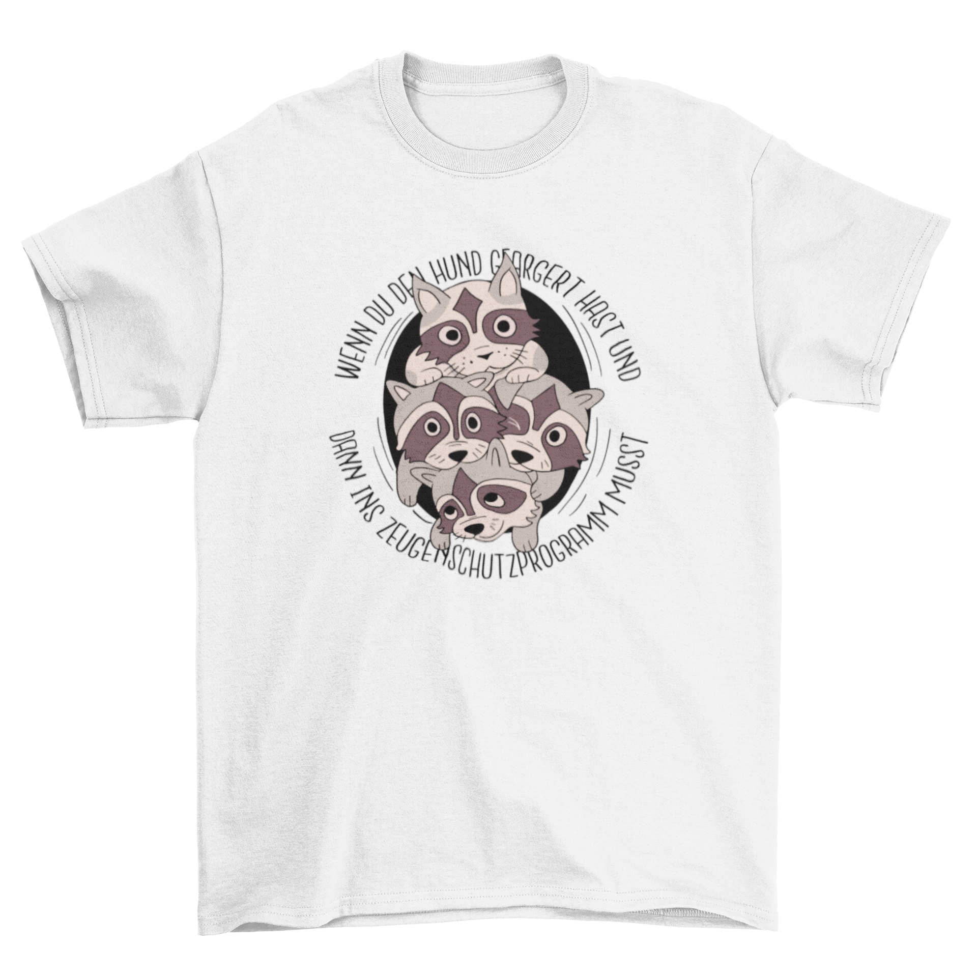 Unisex t-shirt featuring a playful cat hiding among a family of raccoons with a whimsical quote.