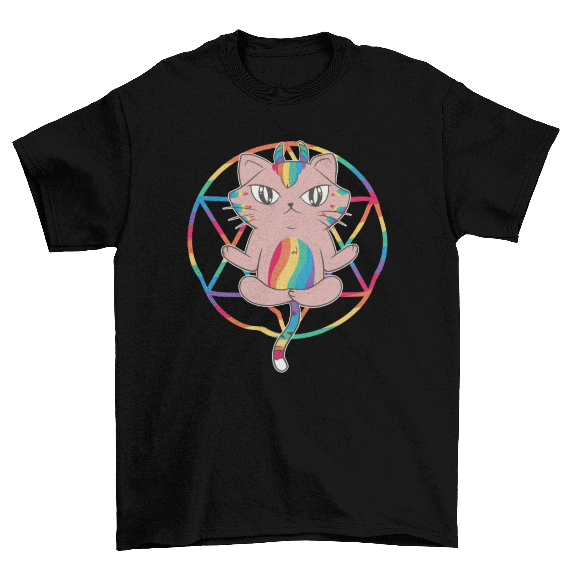 A colorful t-shirt featuring a horned rainbow cat with a rainbow pentagram design in the background, showcasing a unique and whimsical style.