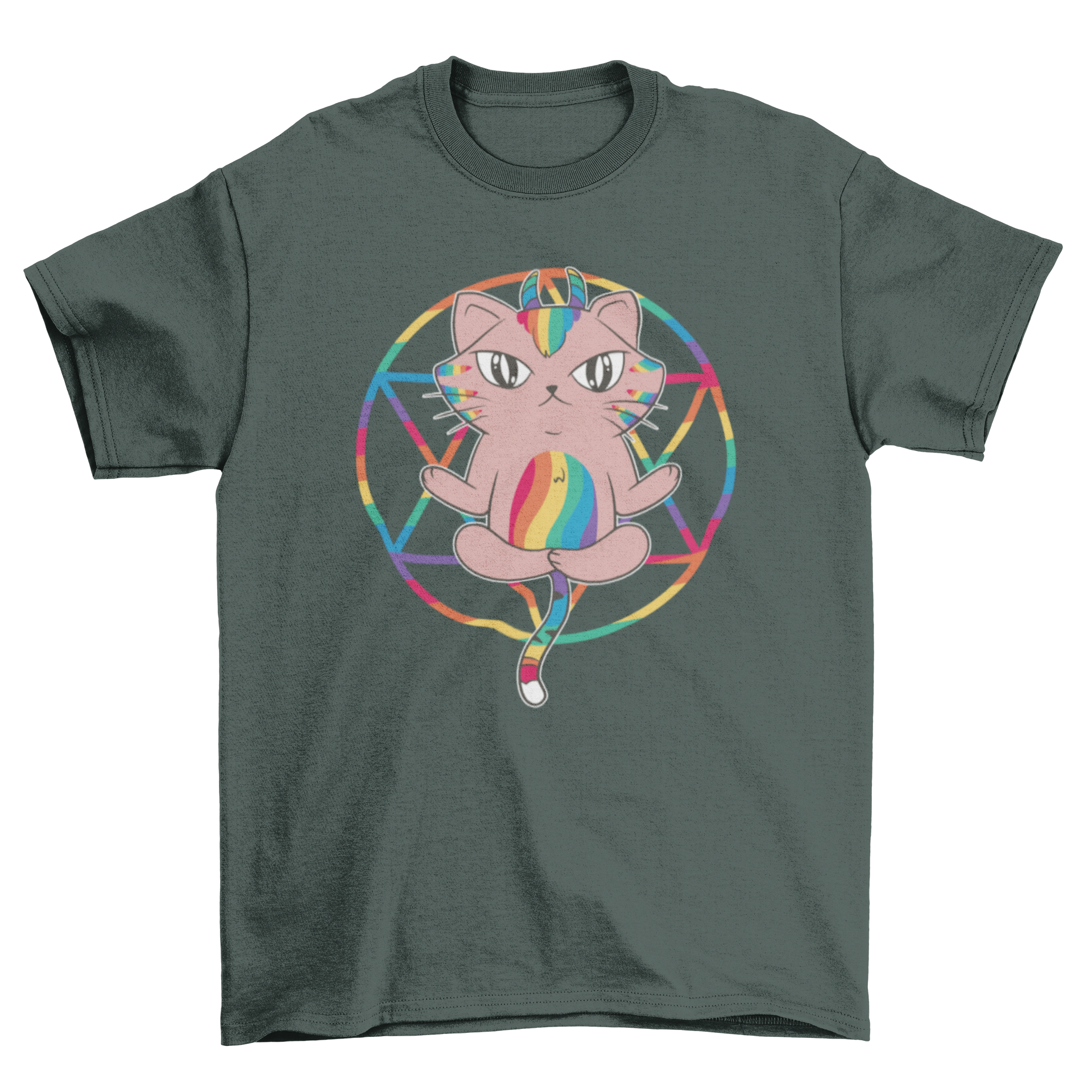 A colorful t-shirt featuring a horned rainbow cat with a rainbow pentagram design in the background, showcasing a unique and whimsical style.