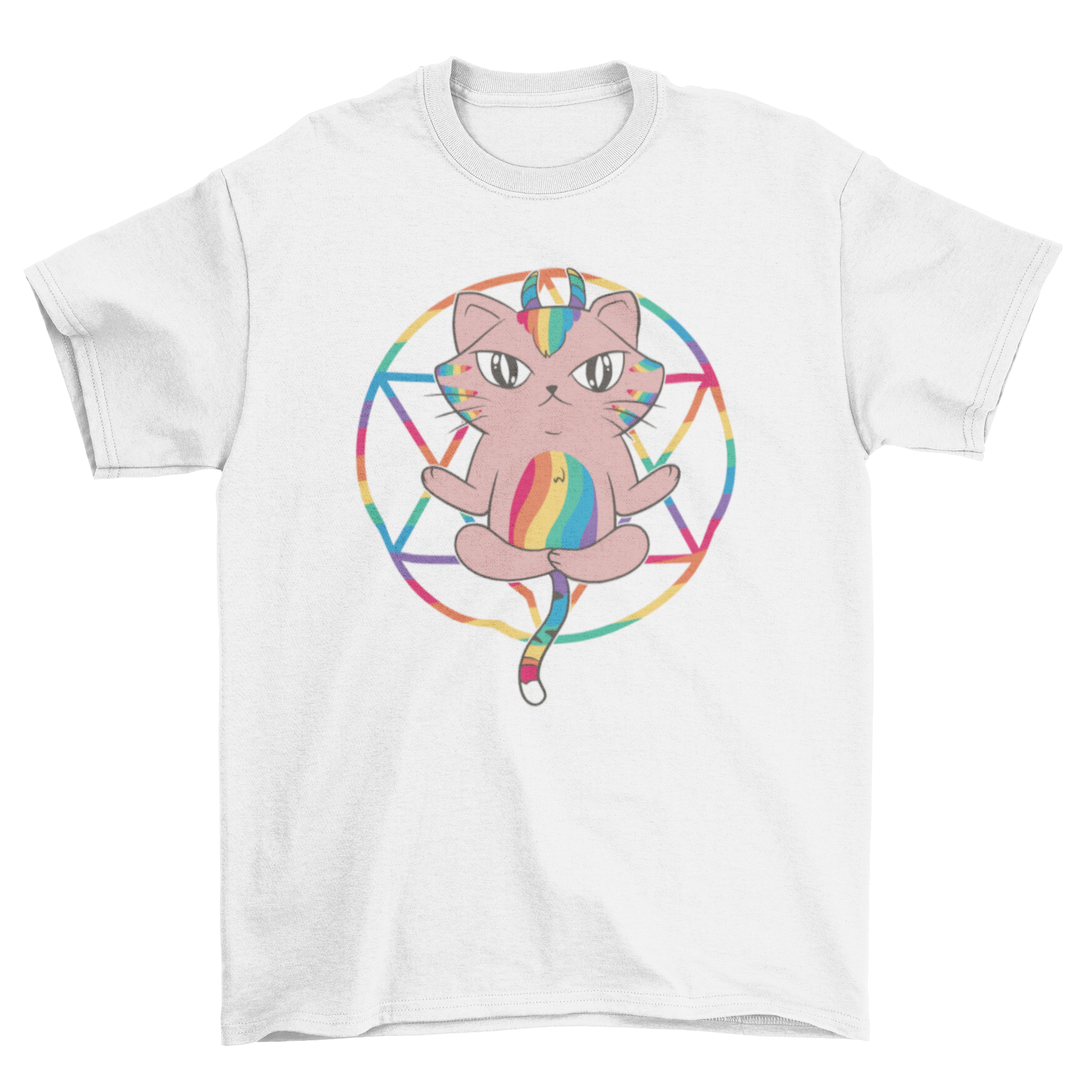 A colorful t-shirt featuring a horned rainbow cat with a rainbow pentagram design in the background, showcasing a unique and whimsical style.