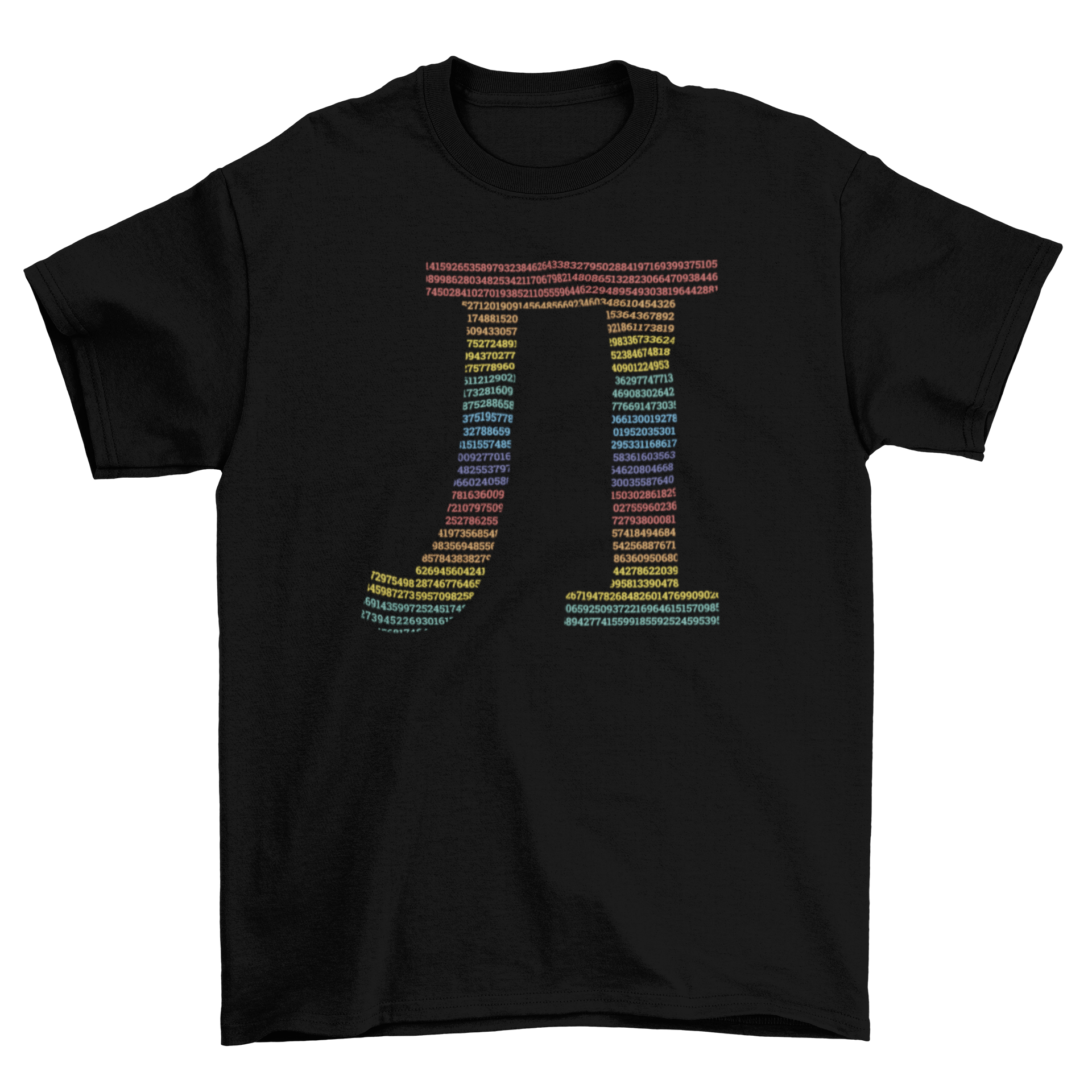 A colorful t-shirt featuring the pi symbol with rainbow-colored numbers, showcasing a vibrant and stylish design.