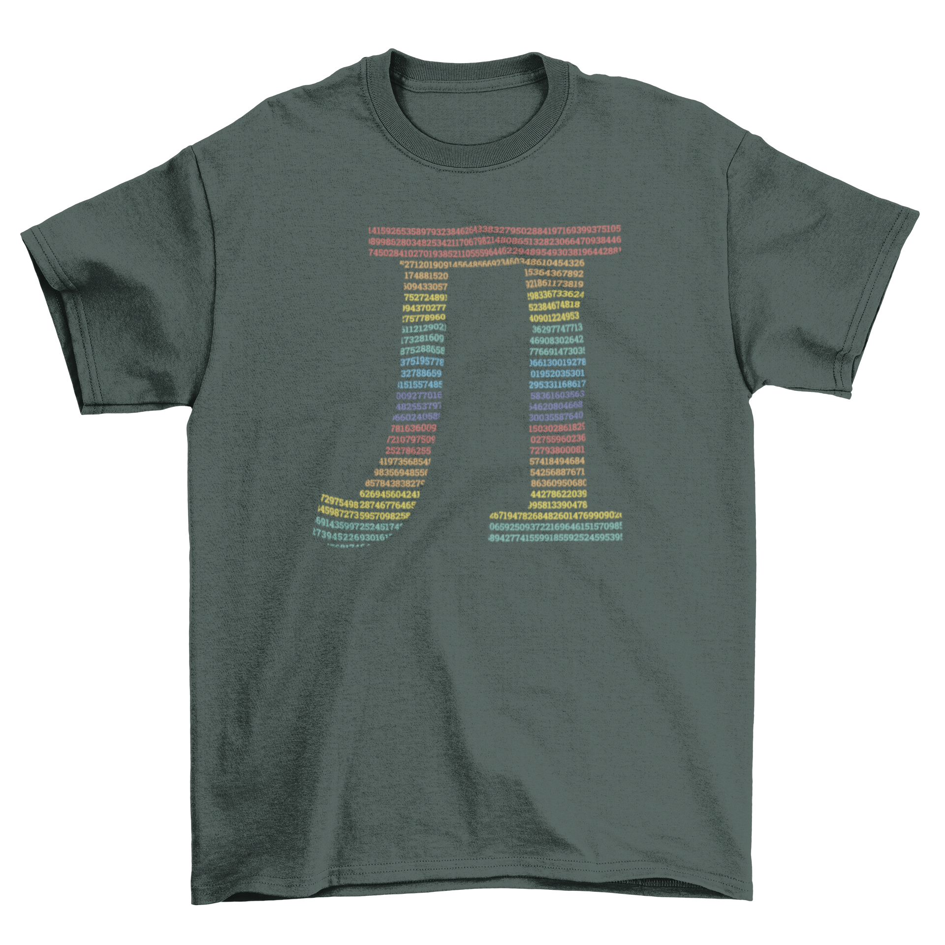 A colorful t-shirt featuring the pi symbol with rainbow-colored numbers, showcasing a vibrant and stylish design.