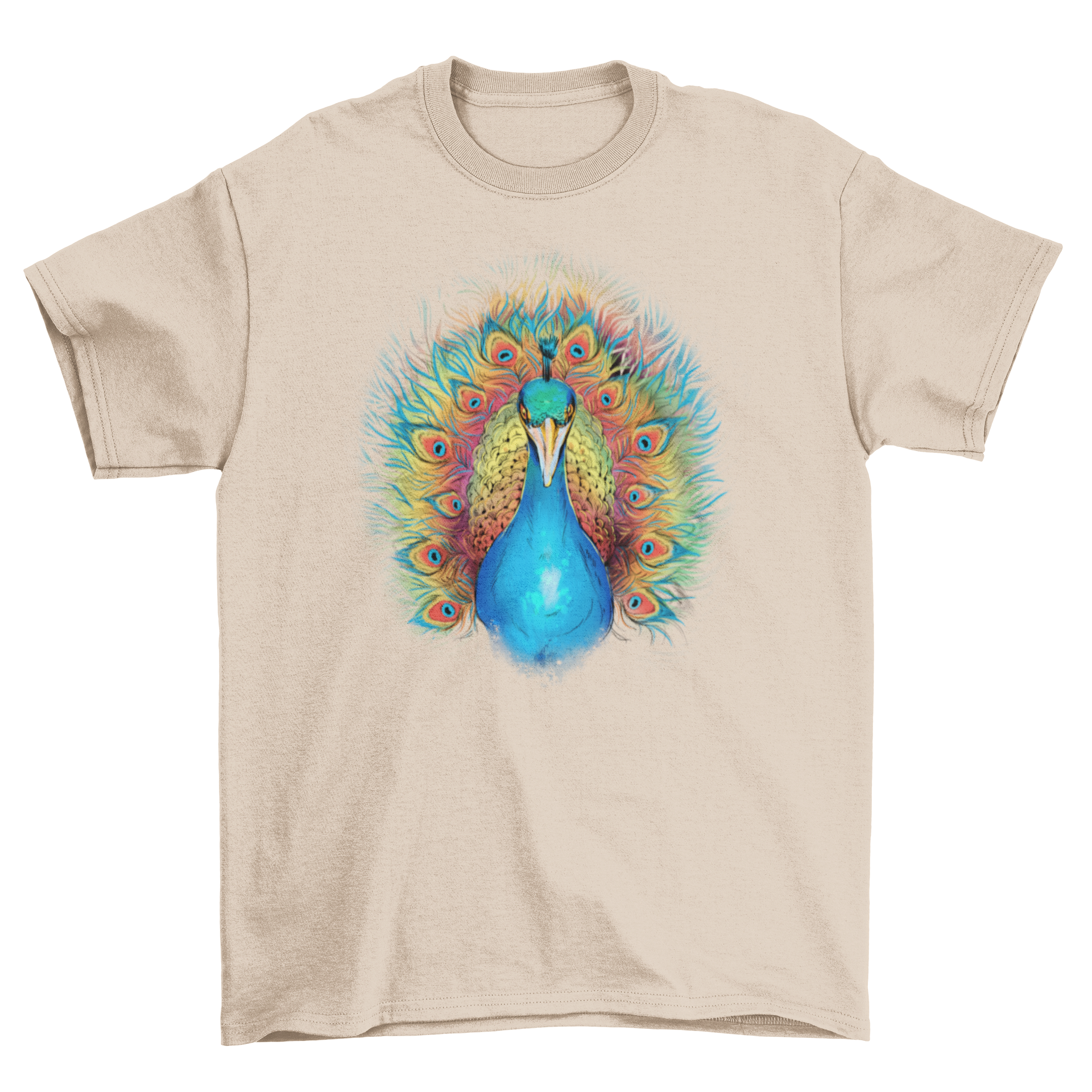 A colorful t-shirt featuring a peacock with a vibrant rainbow tail design, perfect for animal lovers.