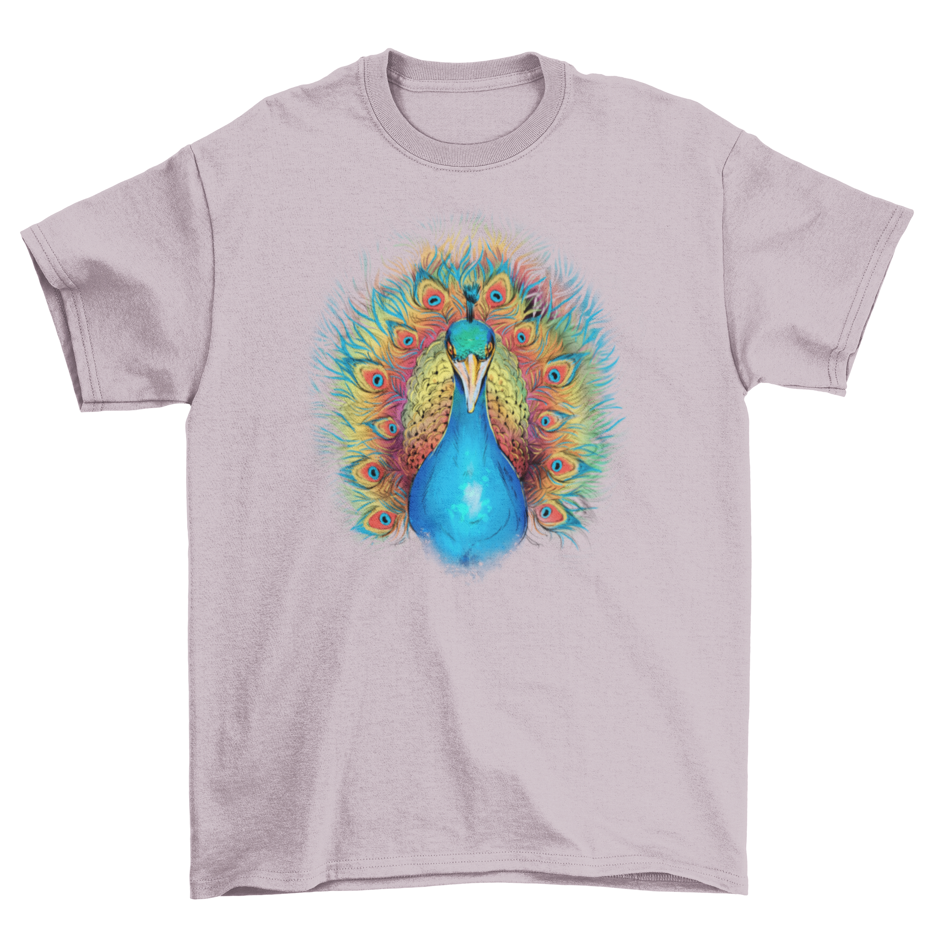 A colorful t-shirt featuring a peacock with a vibrant rainbow tail design, perfect for animal lovers.