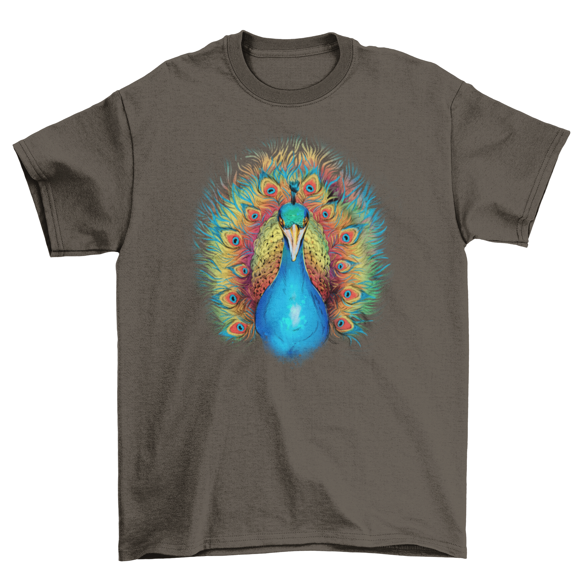 A colorful t-shirt featuring a peacock with a vibrant rainbow tail design, perfect for animal lovers.
