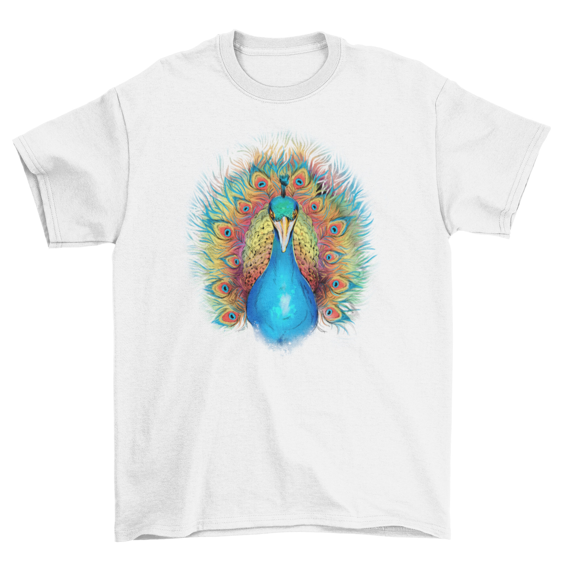 A colorful t-shirt featuring a peacock with a vibrant rainbow tail design, perfect for animal lovers.