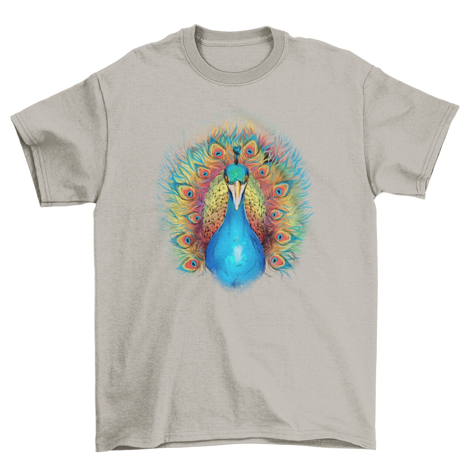 A colorful t-shirt featuring a peacock with a vibrant rainbow tail design, perfect for animal lovers.