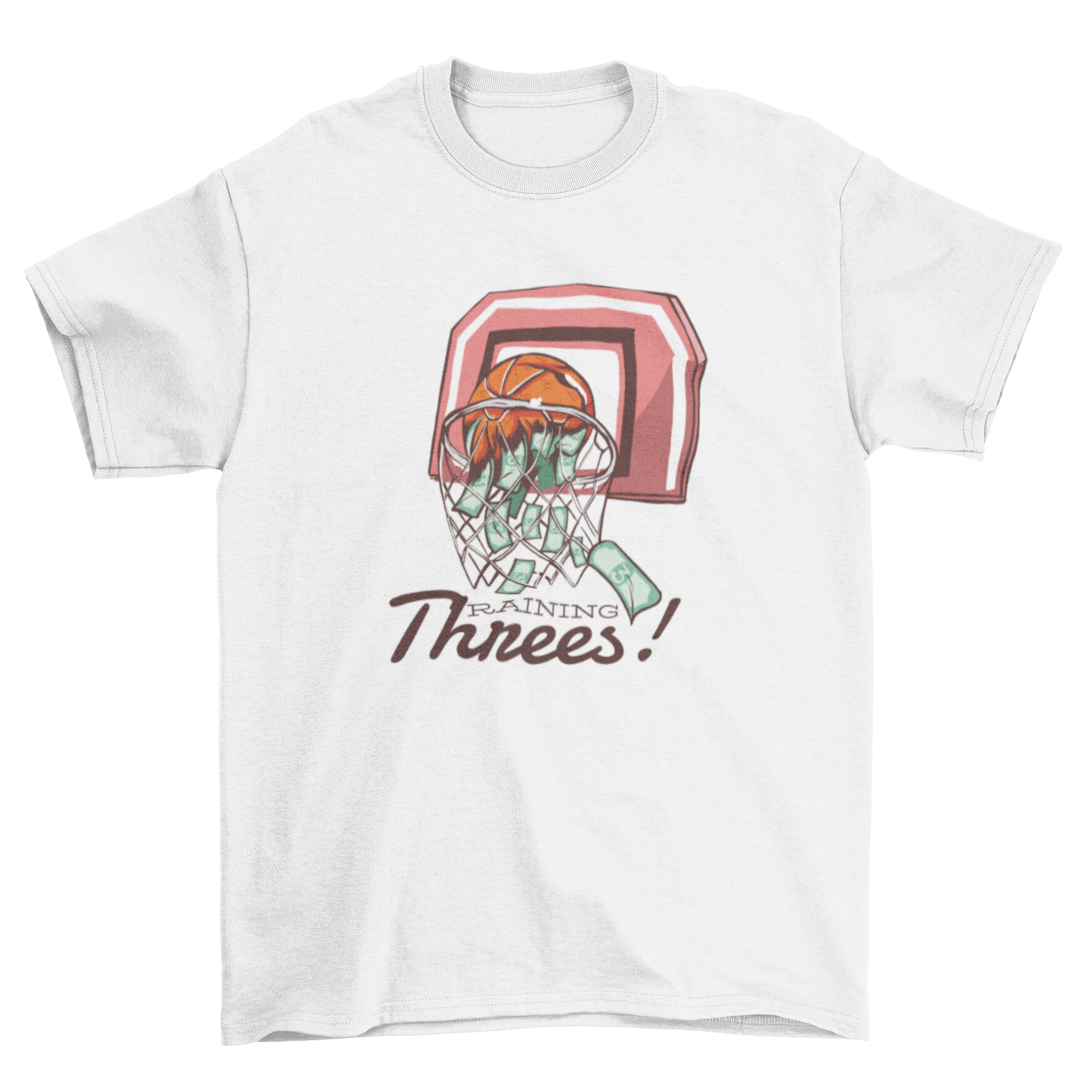 Raining Threes T-Shirt featuring a basketball net and dollar bills, with bold text reading 'Raining Threes!'