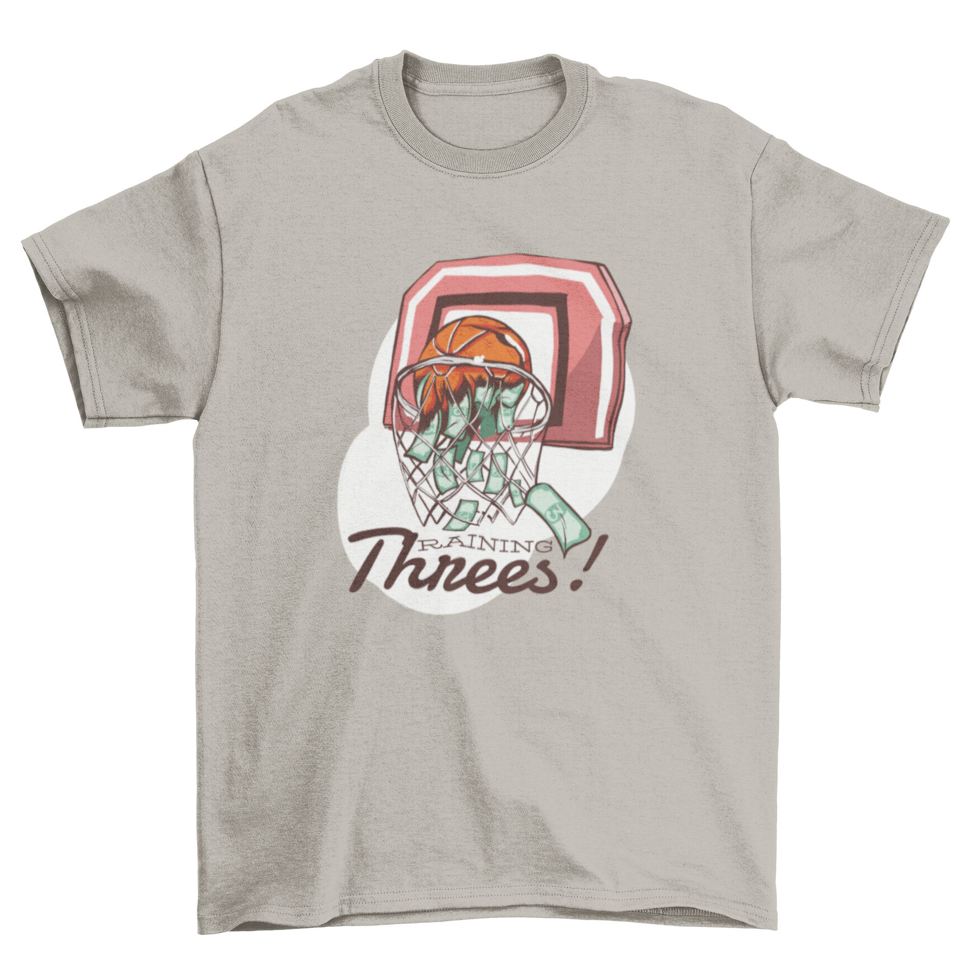Raining Threes T-Shirt featuring a basketball net and dollar bills, with bold text reading 'Raining Threes!'