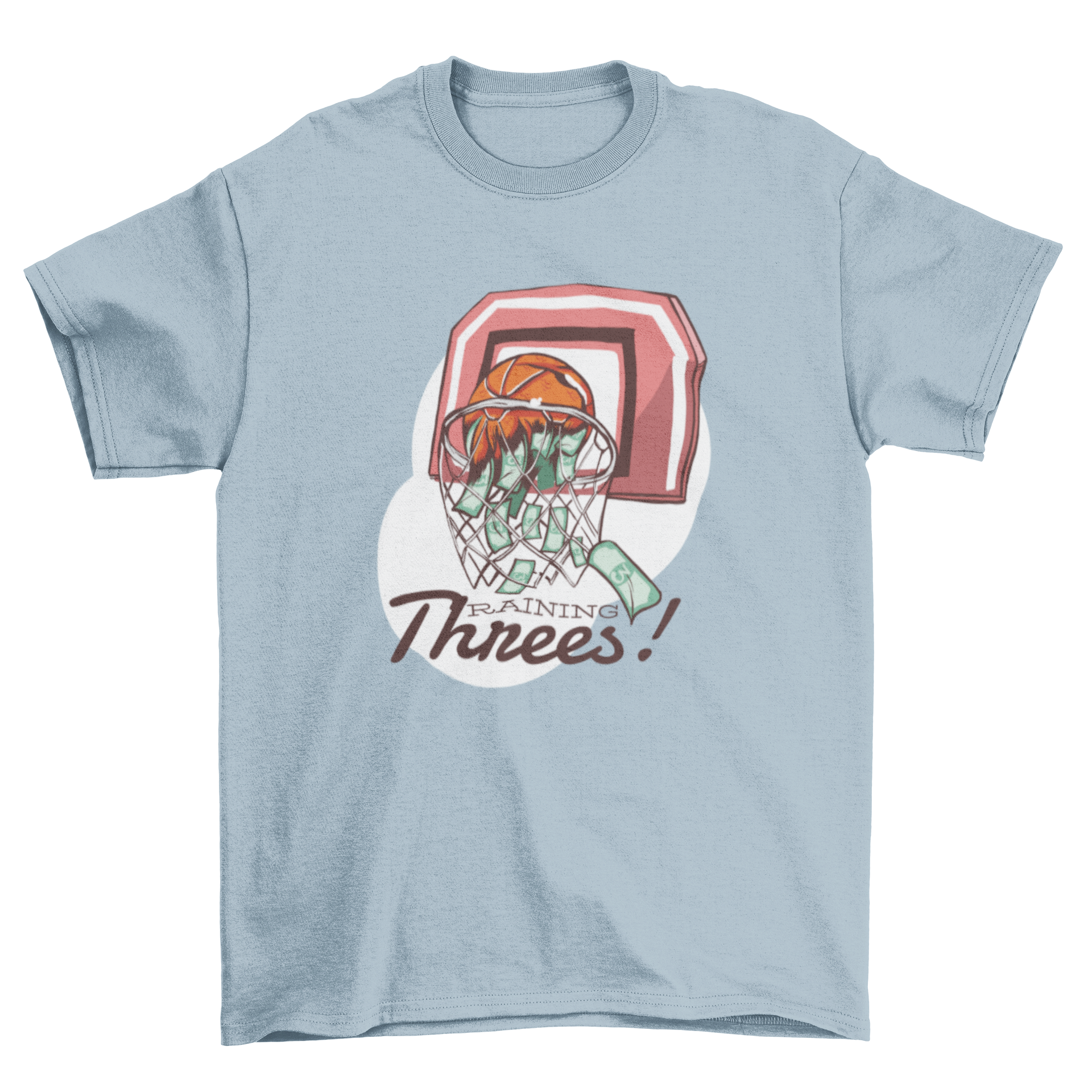 Raining Threes T-Shirt featuring a basketball net and dollar bills, with bold text reading 'Raining Threes!'