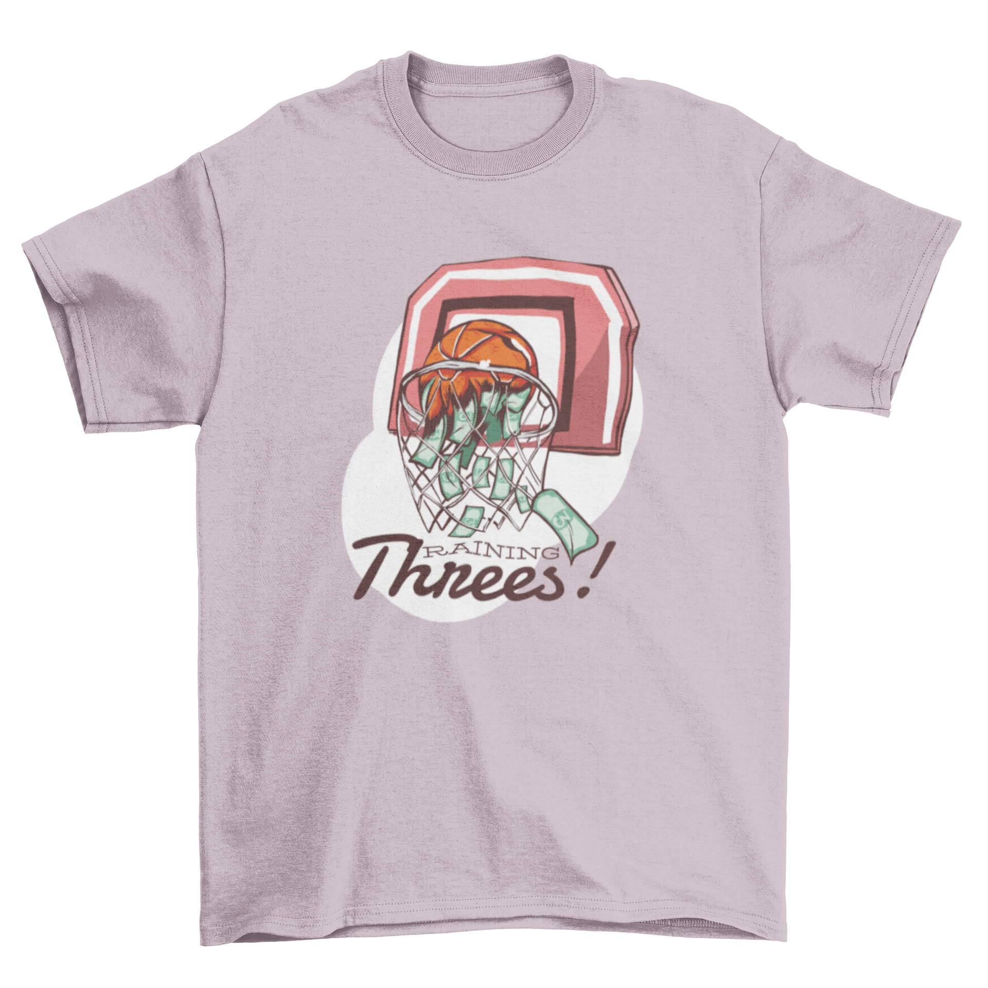 Raining Threes T-Shirt featuring a basketball net and dollar bills, with bold text reading 'Raining Threes!'