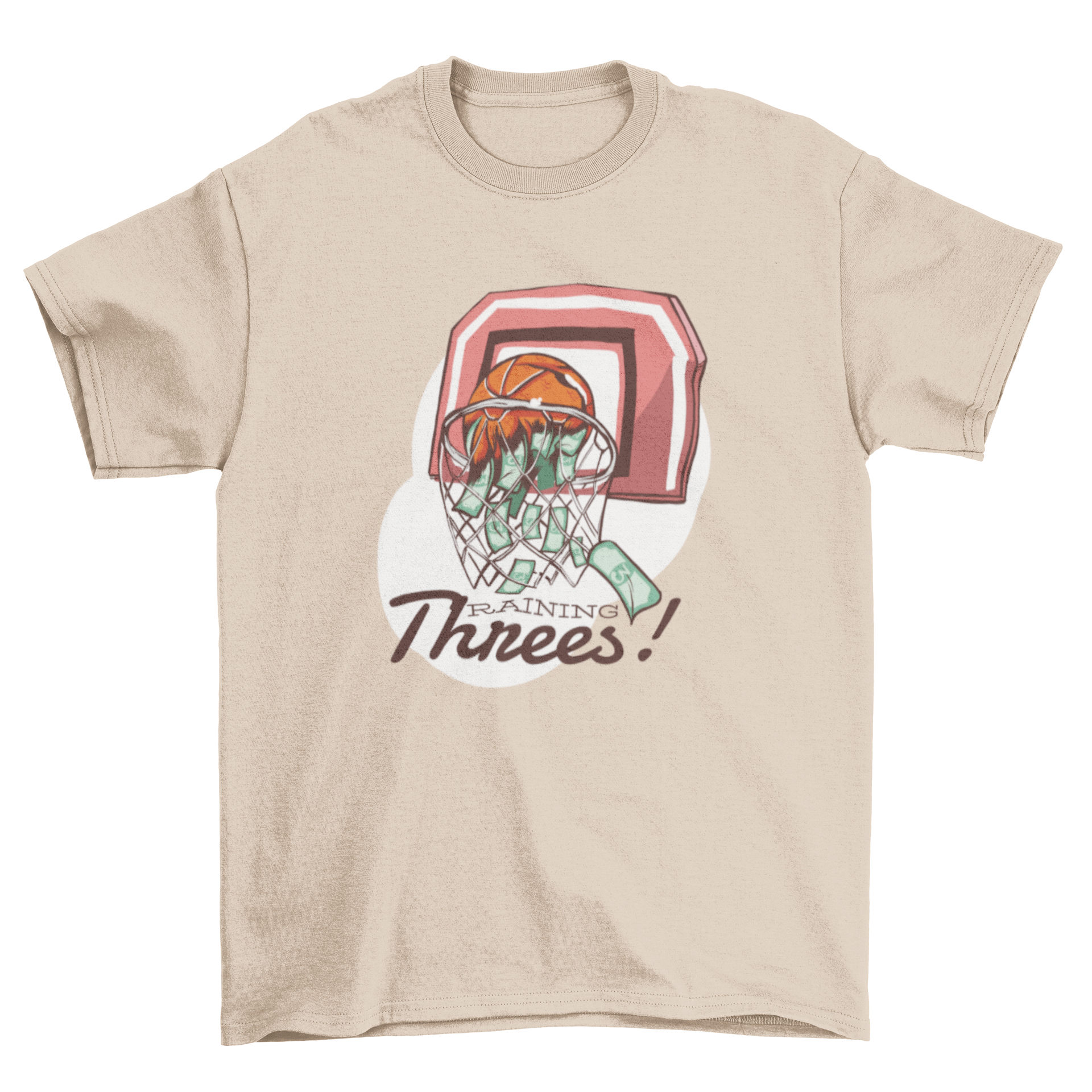 Raining Threes T-Shirt featuring a basketball net and dollar bills, with bold text reading 'Raining Threes!'
