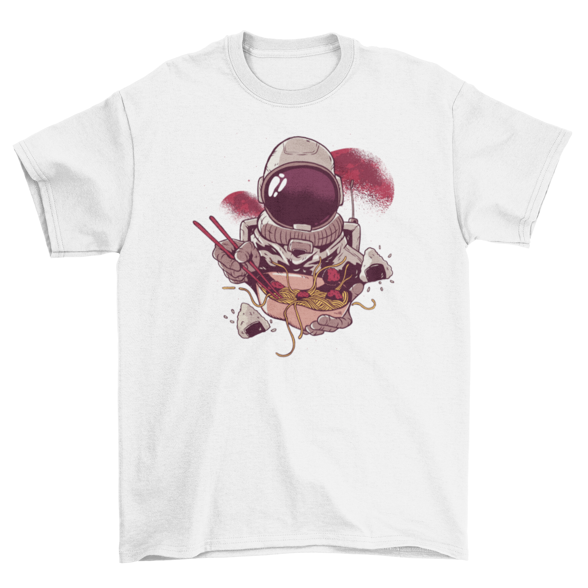 Ramen Astronaut T-Shirt featuring an astronaut enjoying ramen in space, colorful and whimsical design.