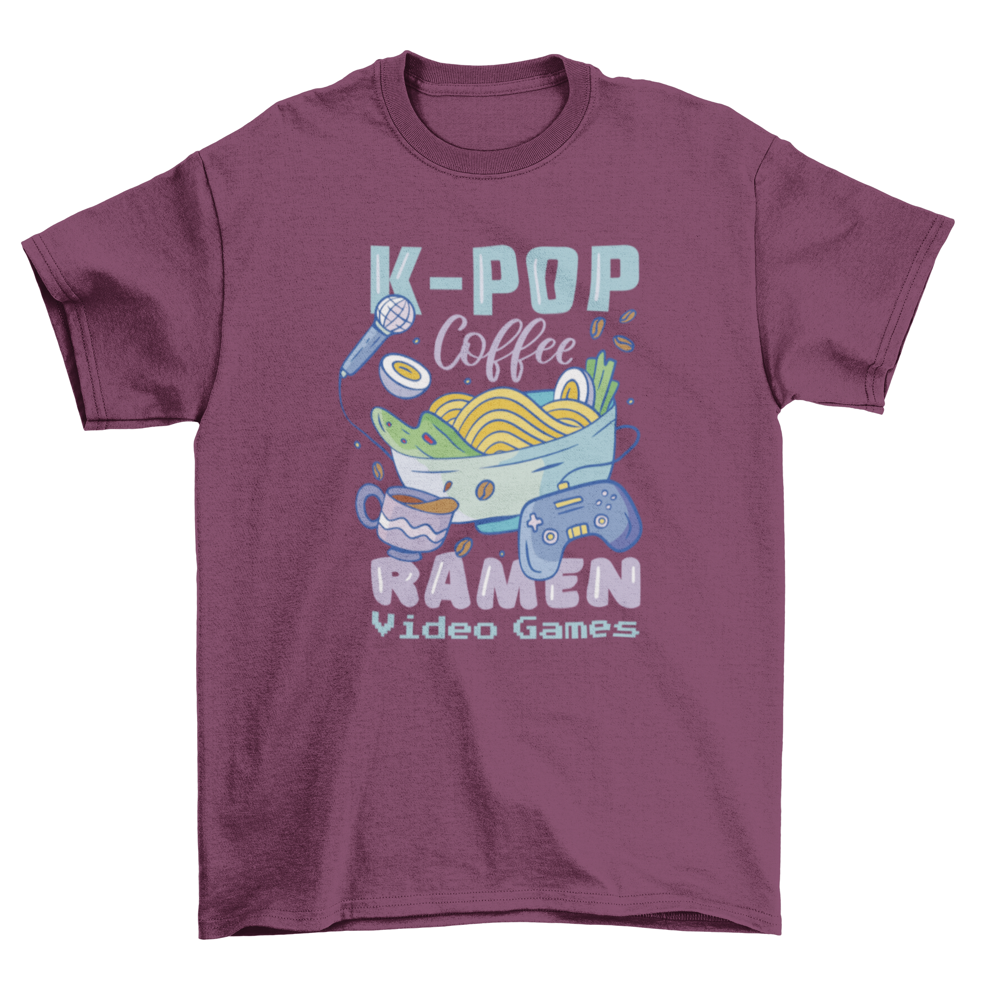 A fun t-shirt design featuring a colorful bowl of ramen, a joystick, and a microphone with the quote 'K-pop coffee ramen and videogames'.