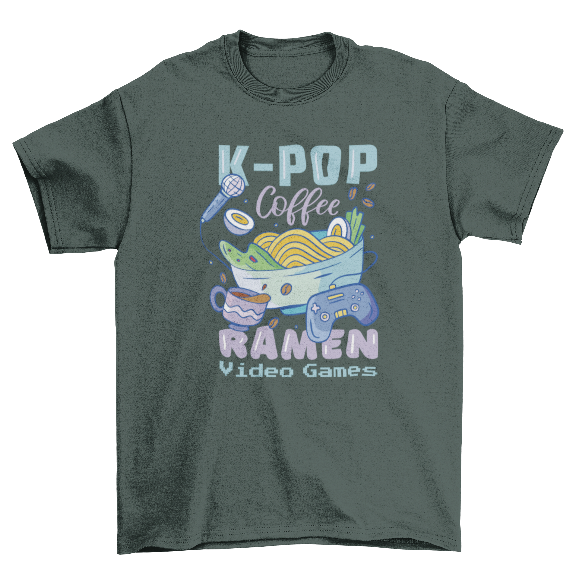 A fun t-shirt design featuring a colorful bowl of ramen, a joystick, and a microphone with the quote 'K-pop coffee ramen and videogames'.