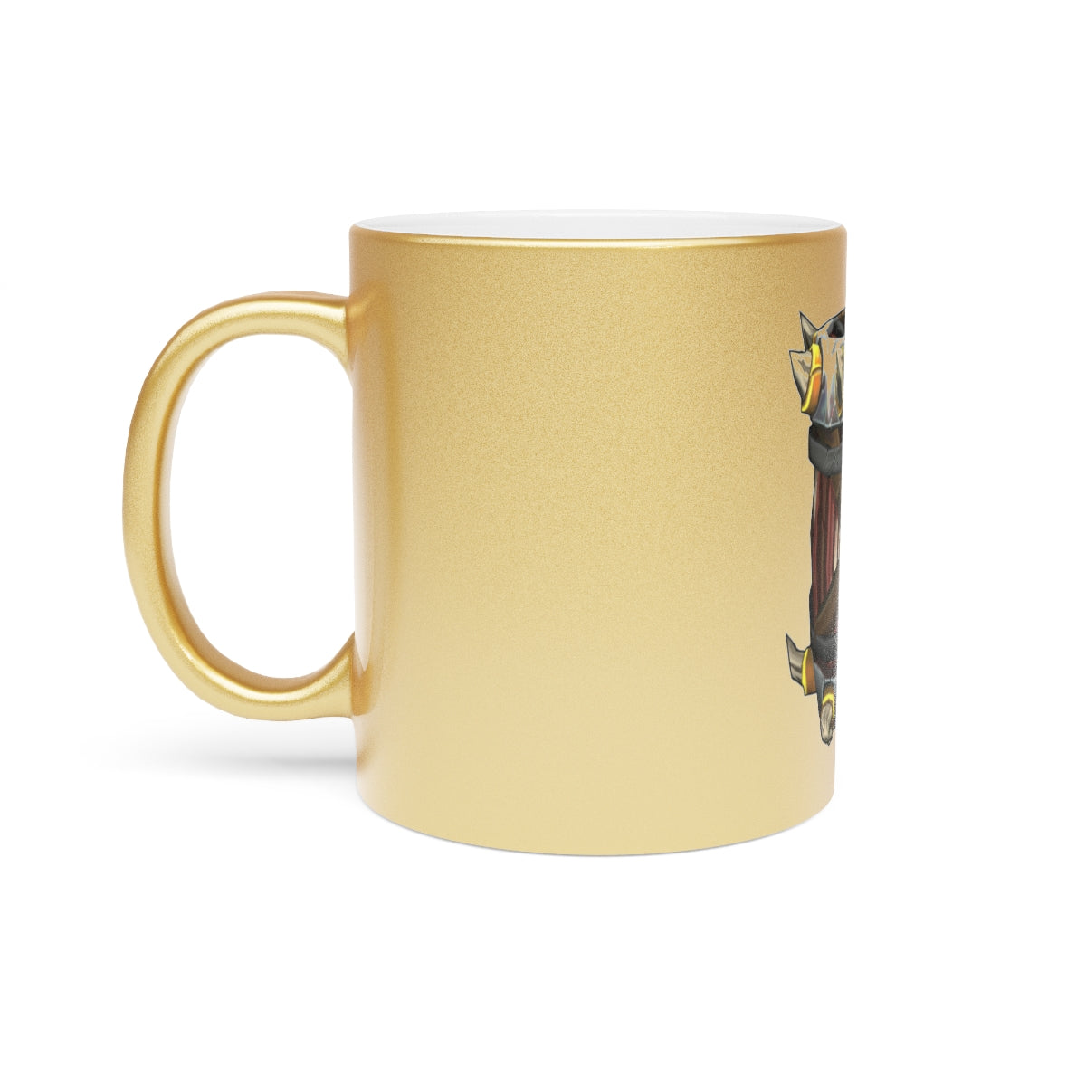Raptor Barrel Metallic Mug in silver and gold finishes, showcasing a personalized design with a comfortable C-handle.