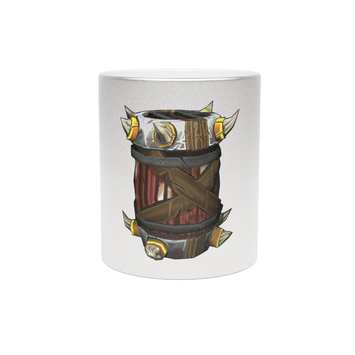 Raptor Barrel Metallic Mug in silver and gold finishes, showcasing a personalized design with a comfortable C-handle.