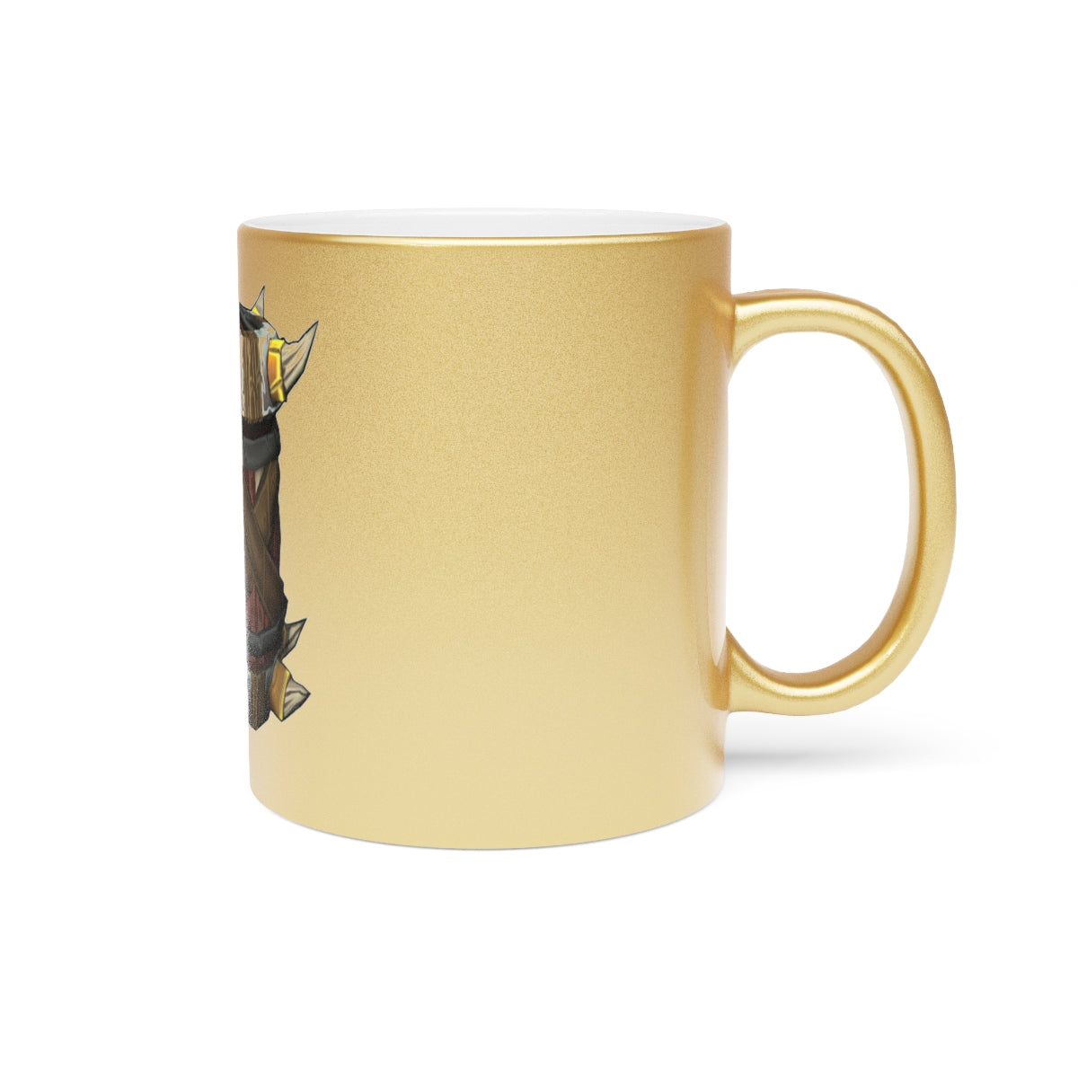 Raptor Barrel Metallic Mug in silver and gold finishes, showcasing a personalized design with a comfortable C-handle.