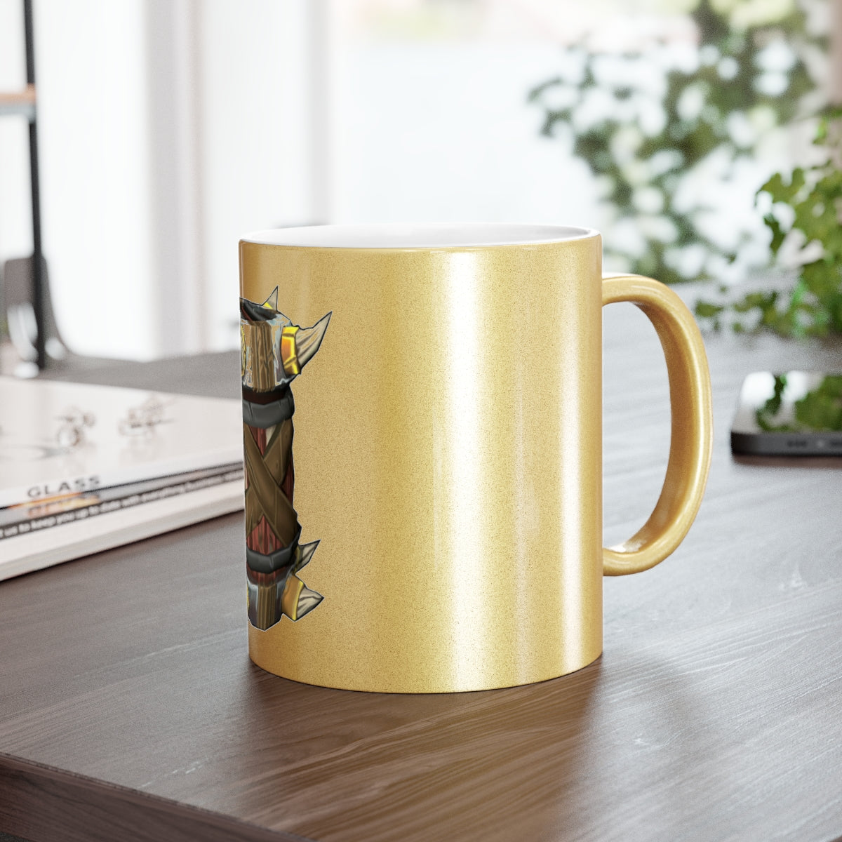 Raptor Barrel Metallic Mug in silver and gold finishes, showcasing a personalized design with a comfortable C-handle.